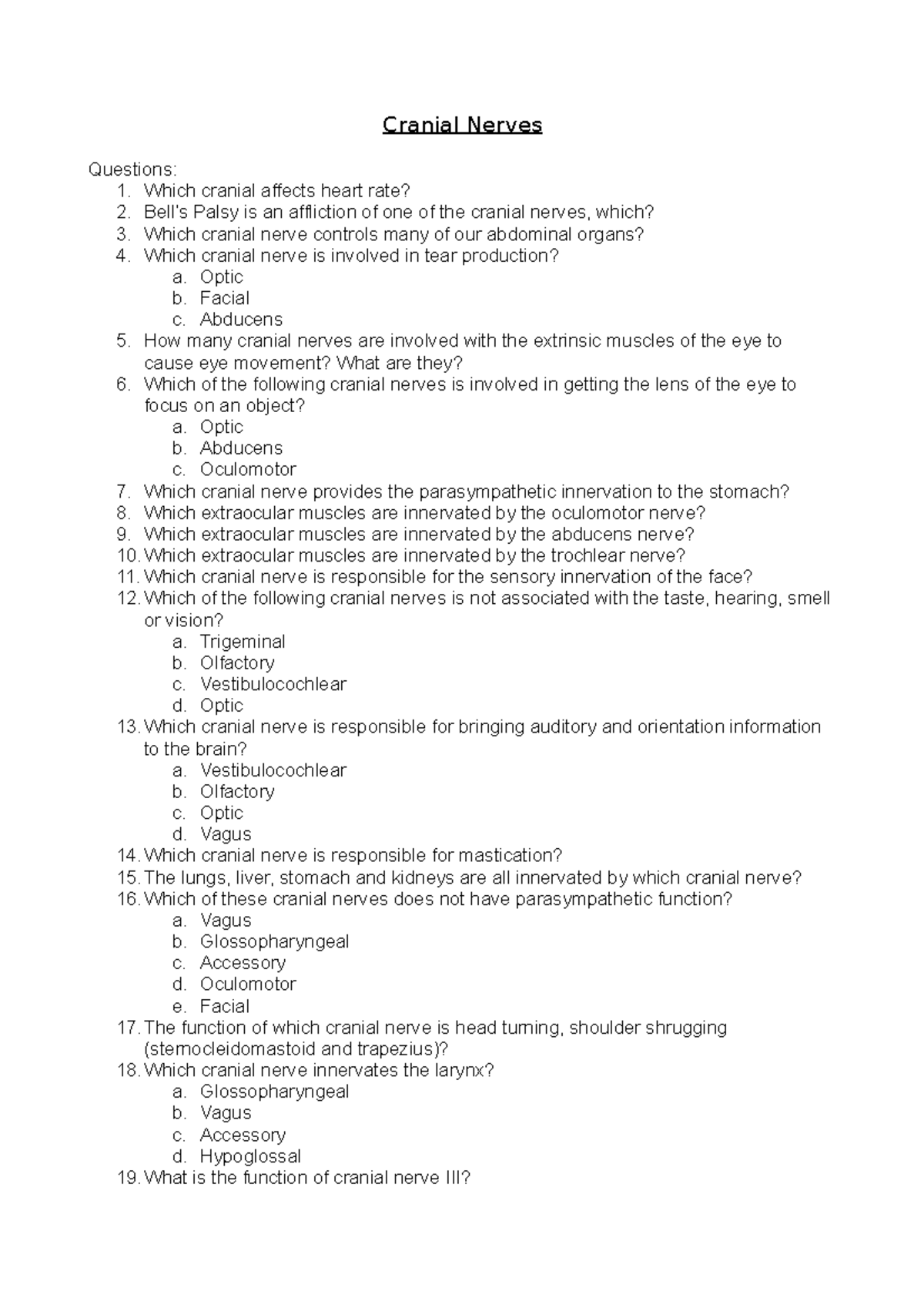 Cranial Nerves: Key Questions and Concepts for Study - Studocu