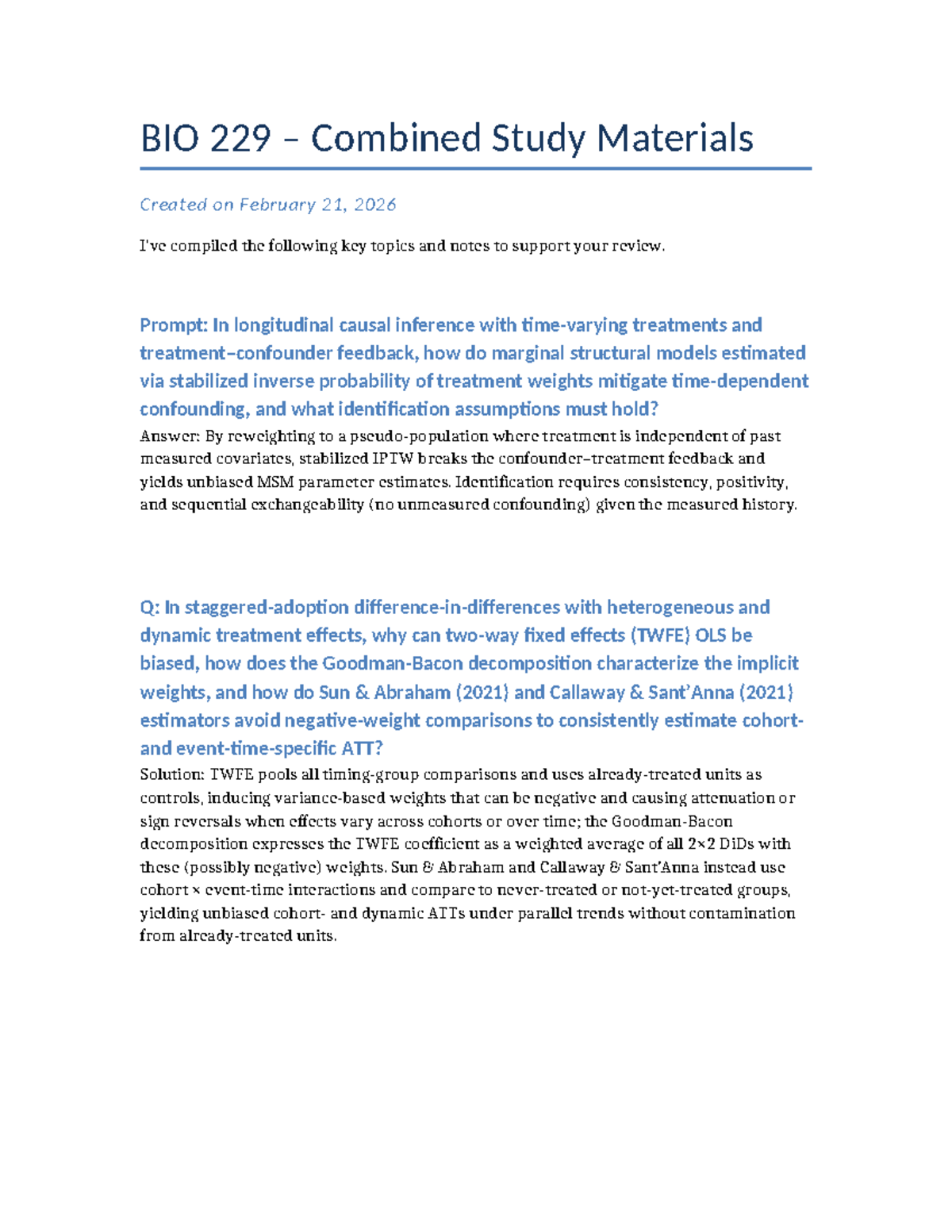 BIO 229 Longitudinal Causal Inference Study Materials - Studocu