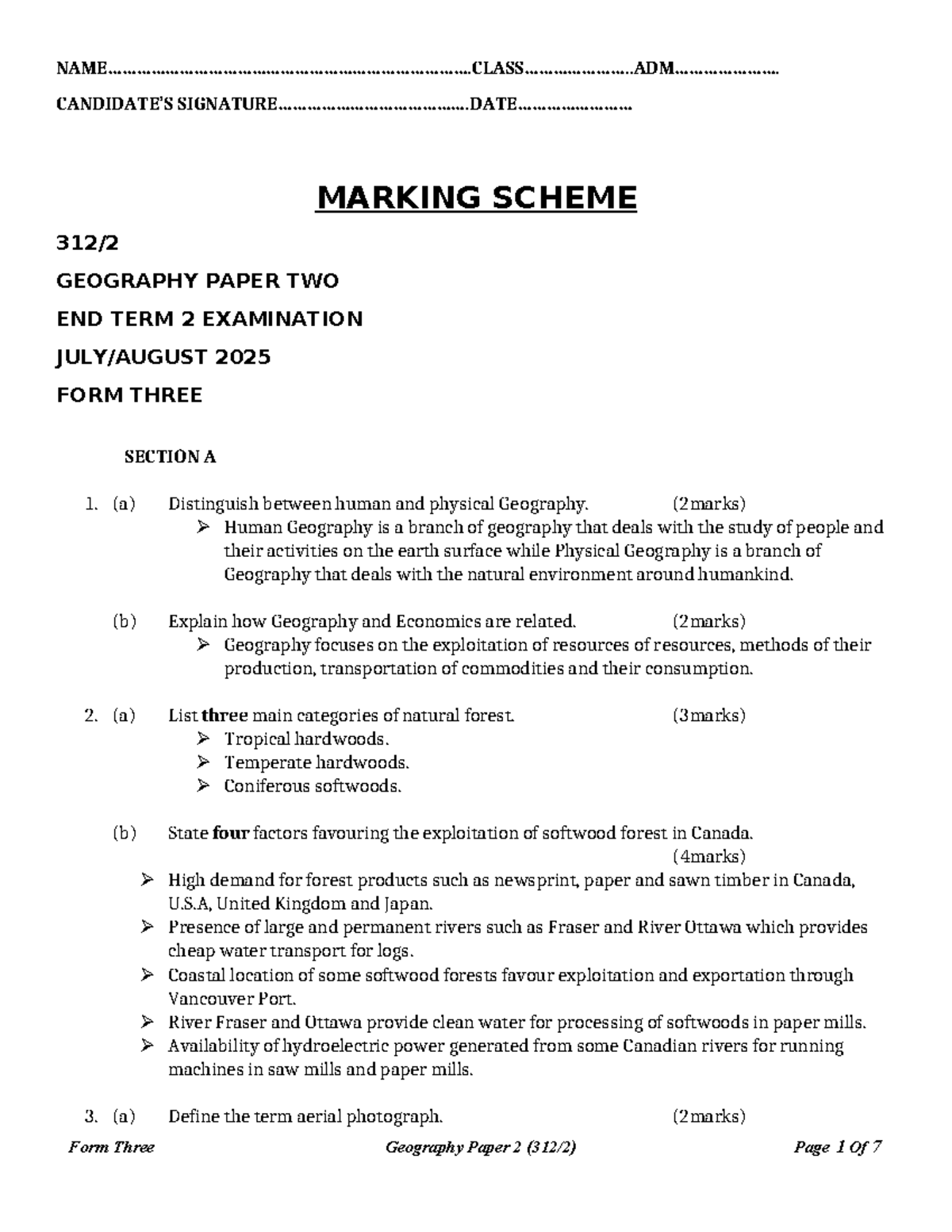 Geography F3 End Term 2 Exam 2025 Marking Scheme Paper 2 - Studocu