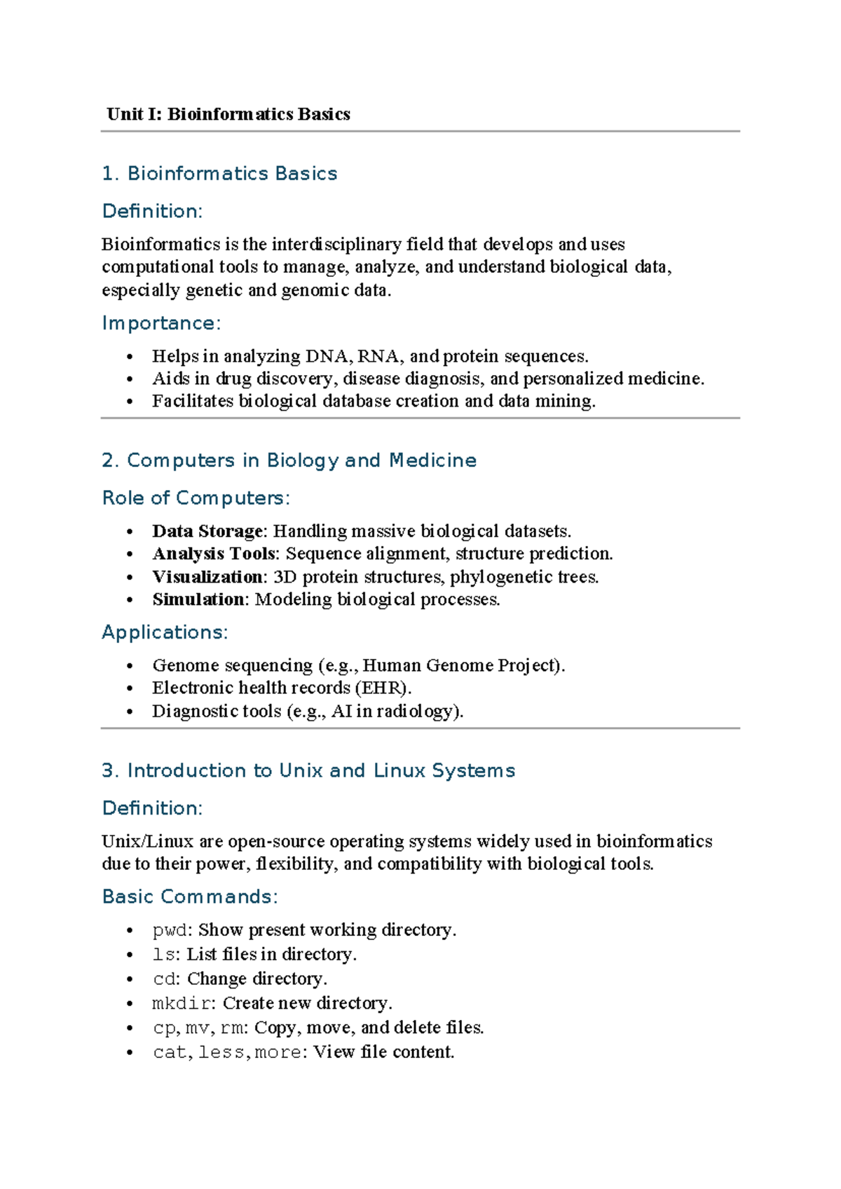 Unit I: Bioinformatics Basics - Key Concepts and Tools Overview - Studocu