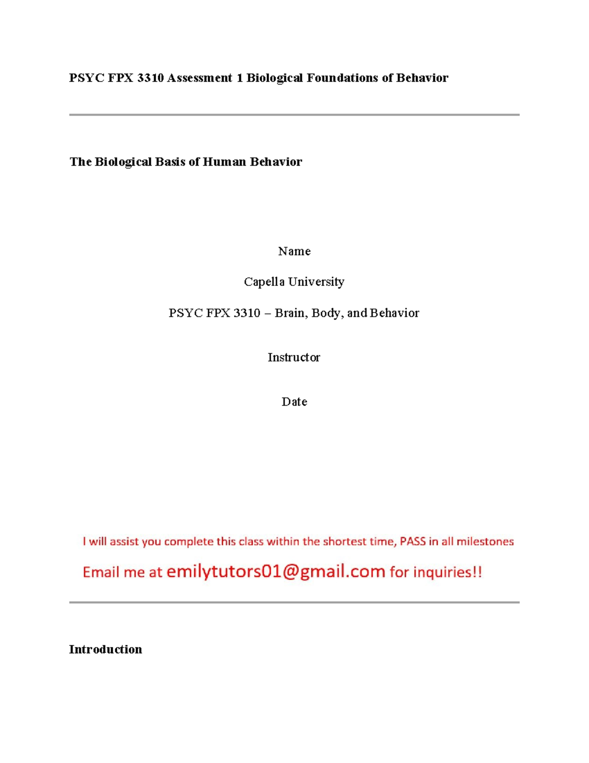 PSYC FPX 3310 Assessment 1: Biological Foundations of Human Behavior ...