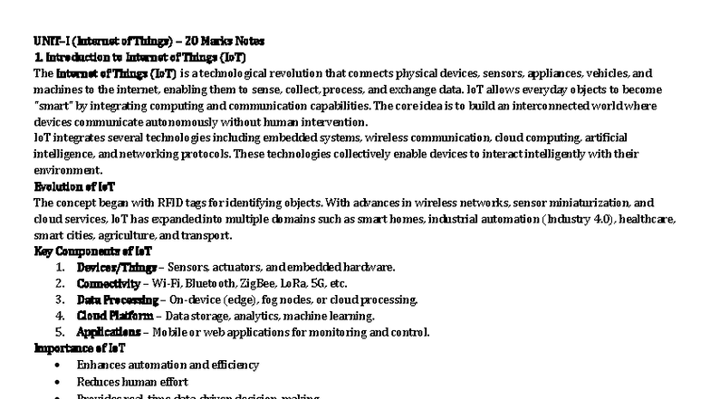 IoT-U1-R22: Comprehensive Notes on Internet of Things (20 Marks) - Studocu