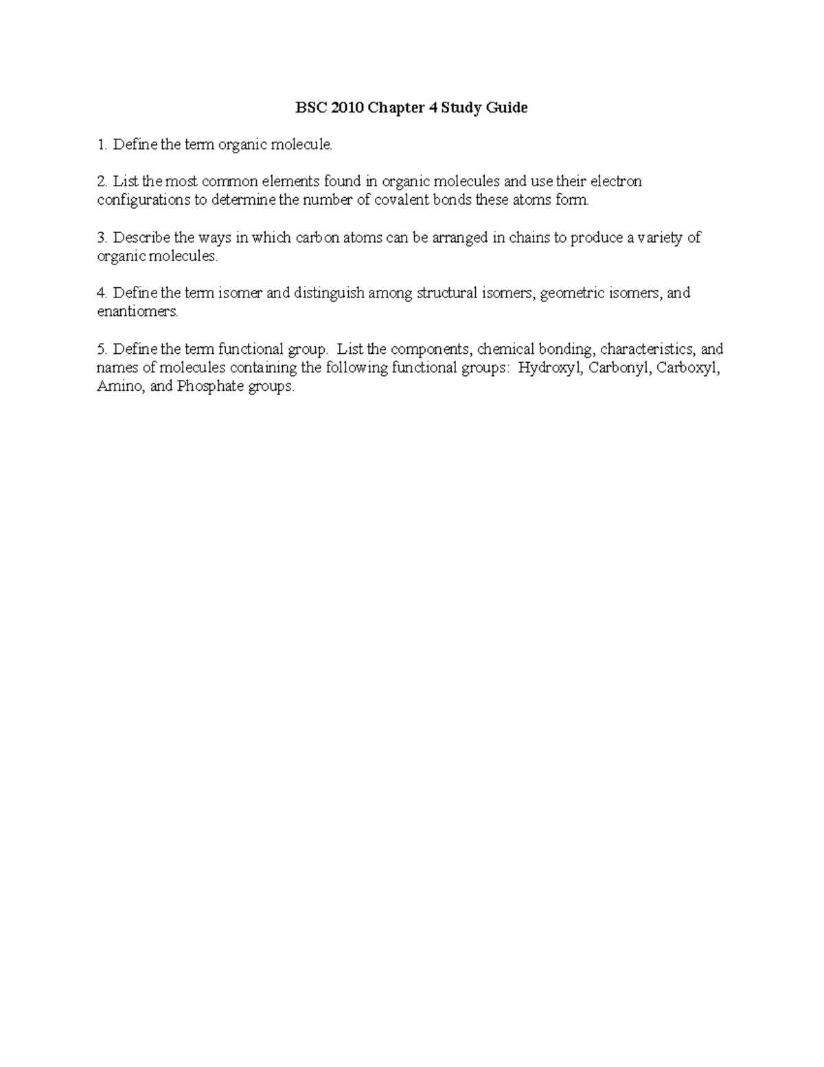 BSC 2010 Chapter 4: Organic Molecules Study Guide - BSC 2010 Chapter 4 ...