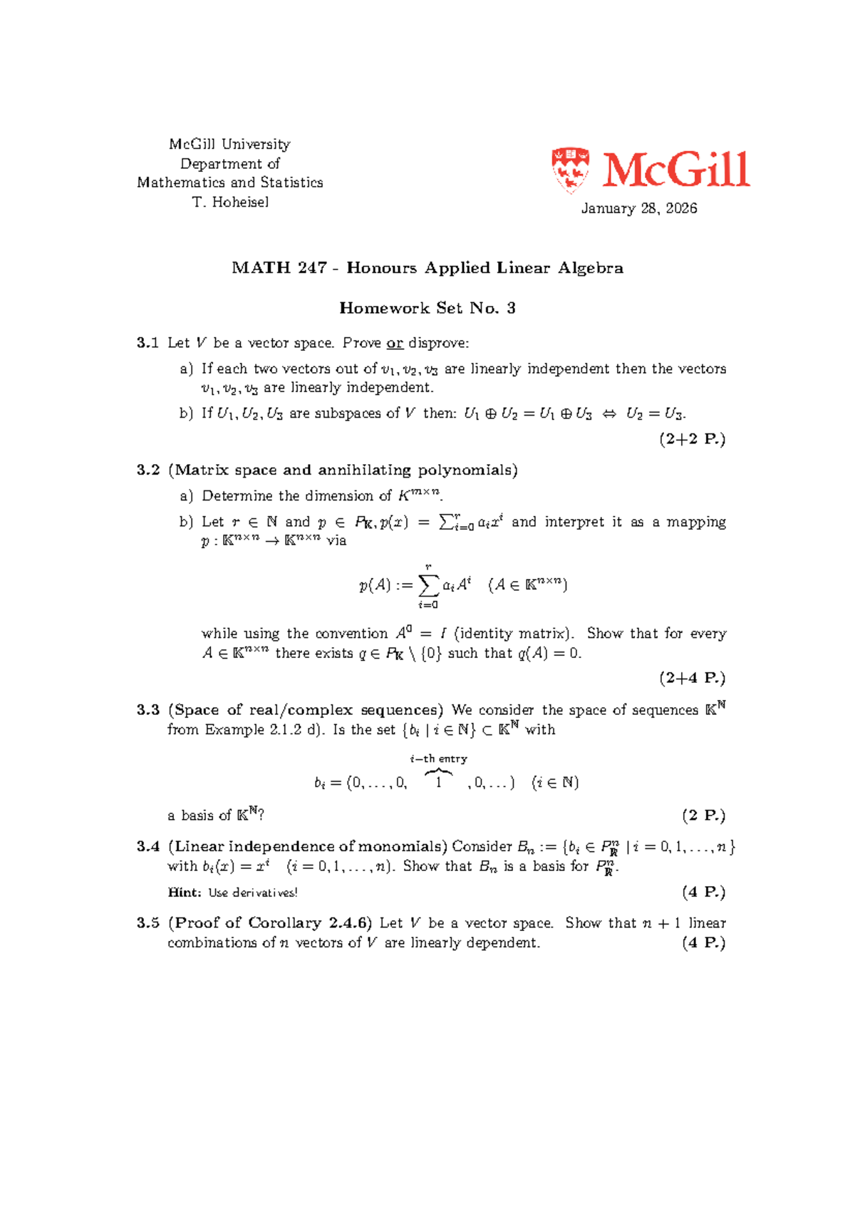 MATH 247 Honours Applied Linear Algebra Homework Set 03 - Studocu