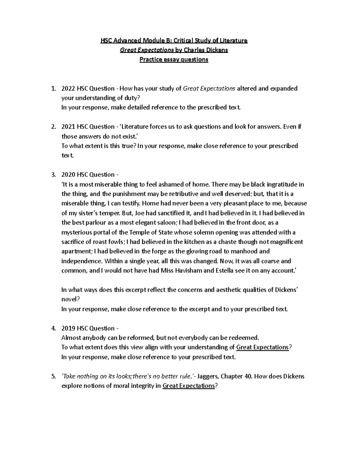 HSC Advanced Module B: Great Expectations Practice Essay Questions ...