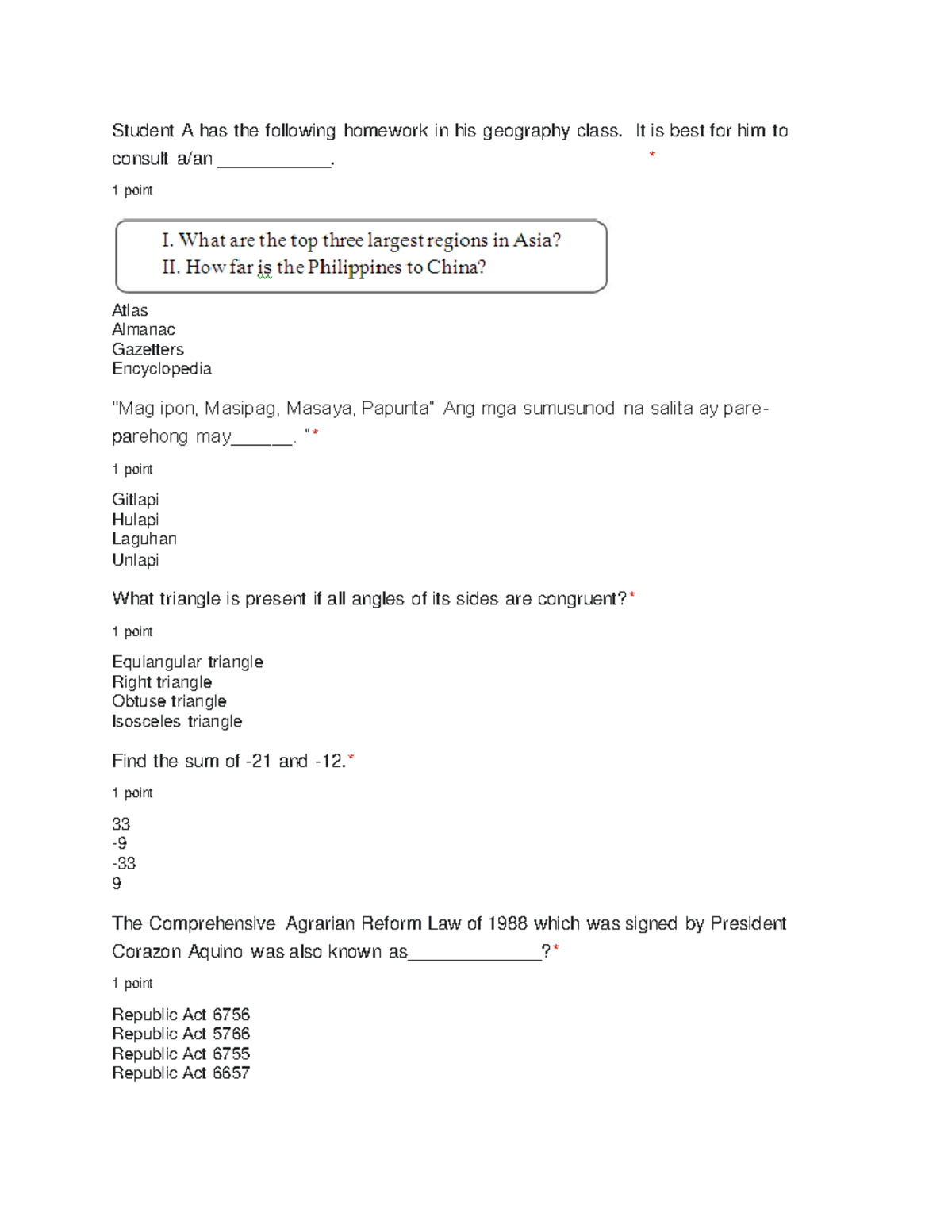 Geography Homework for Student A: Quiz on Various Topics - Studocu