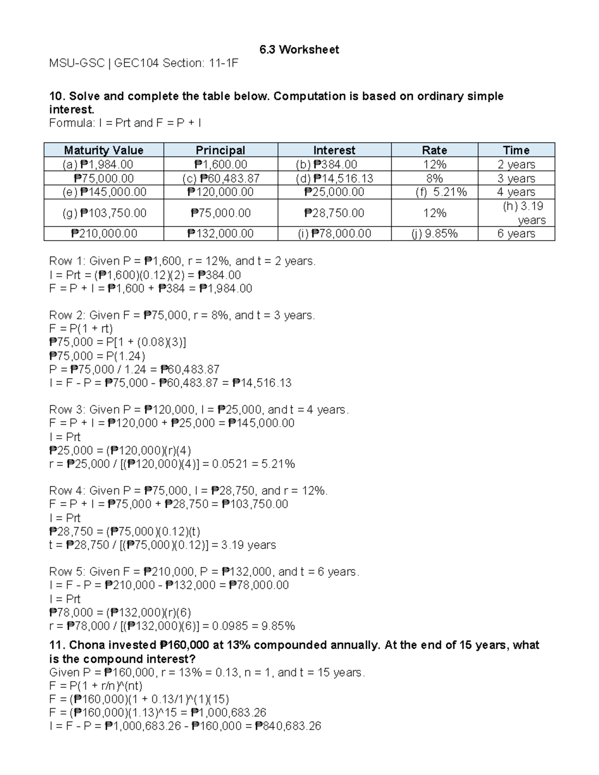 GEC104 Worksheet 10: Simple & Compound Interest Solutions - Studocu