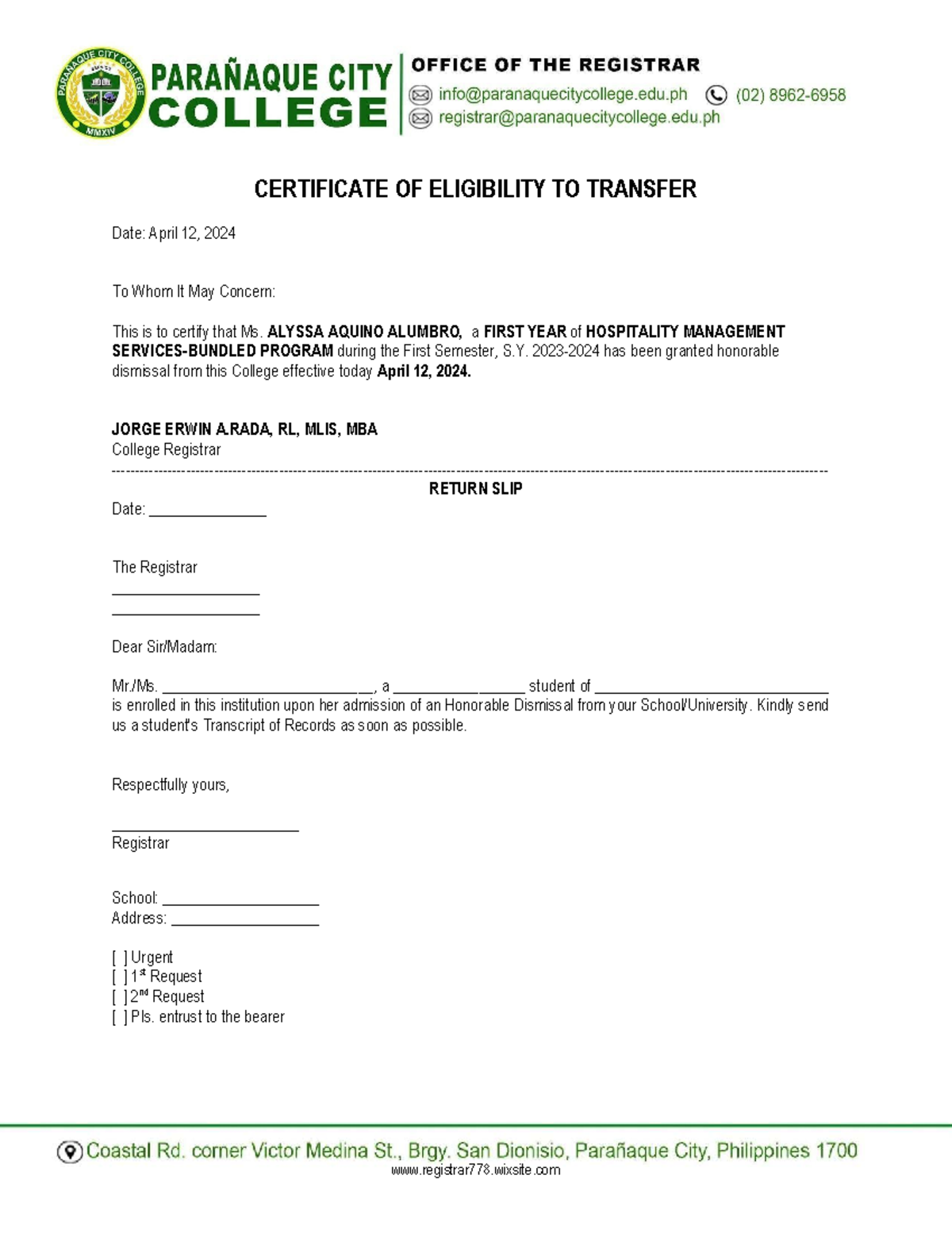 UF REG 016 HON - Certificate of Eligibility for Transfer - Studocu