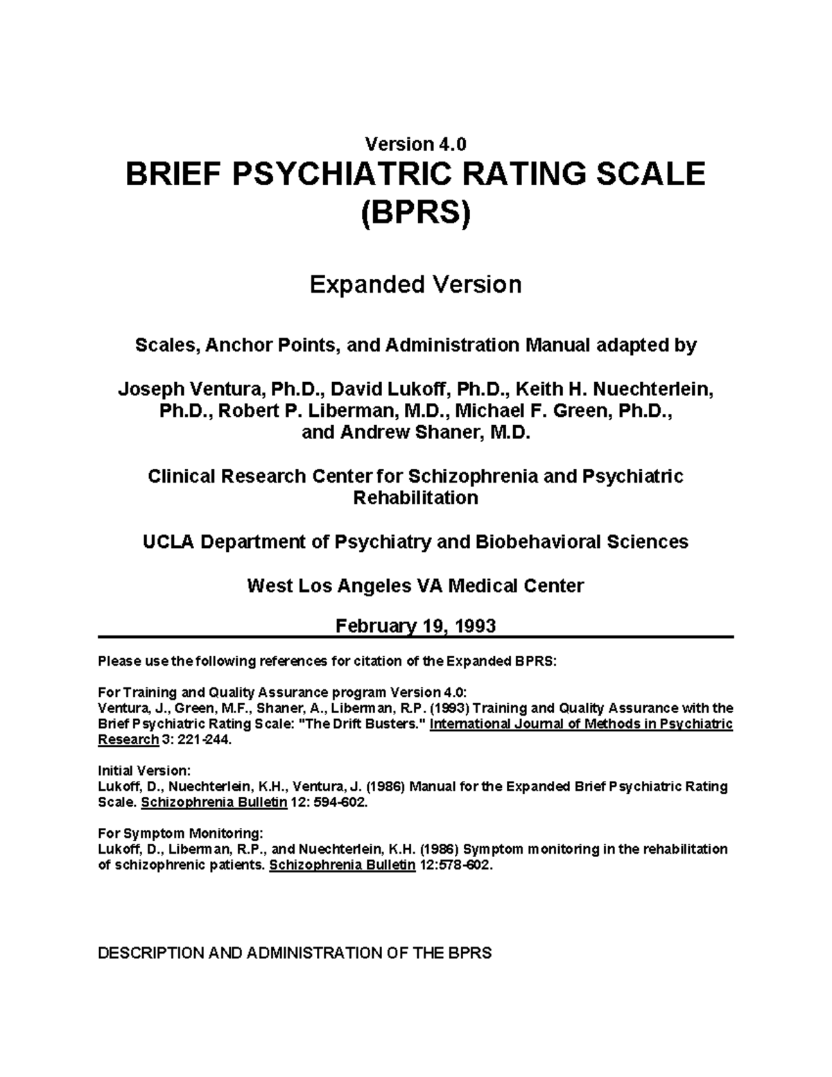 Expanded BPRS Manual (BPRS 4) - Administration & Guidelines - Studocu