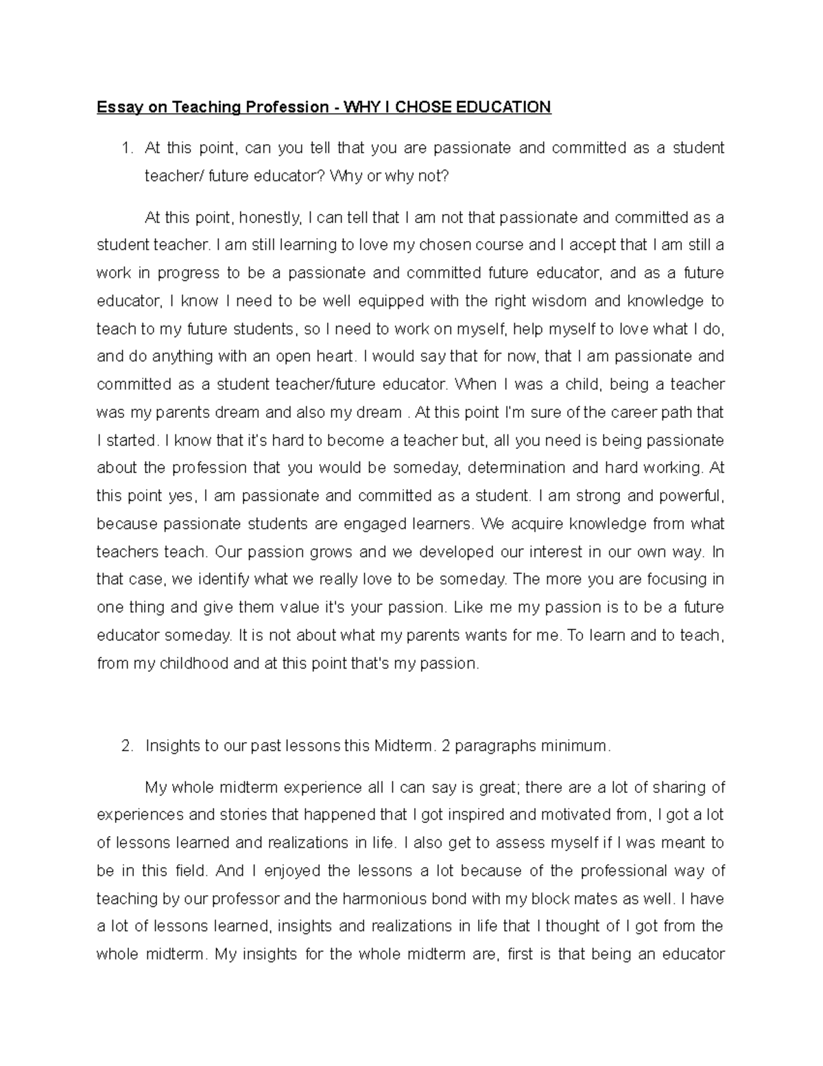 Essay on Teaching Profession - My Journey as a Future Educator - Studocu