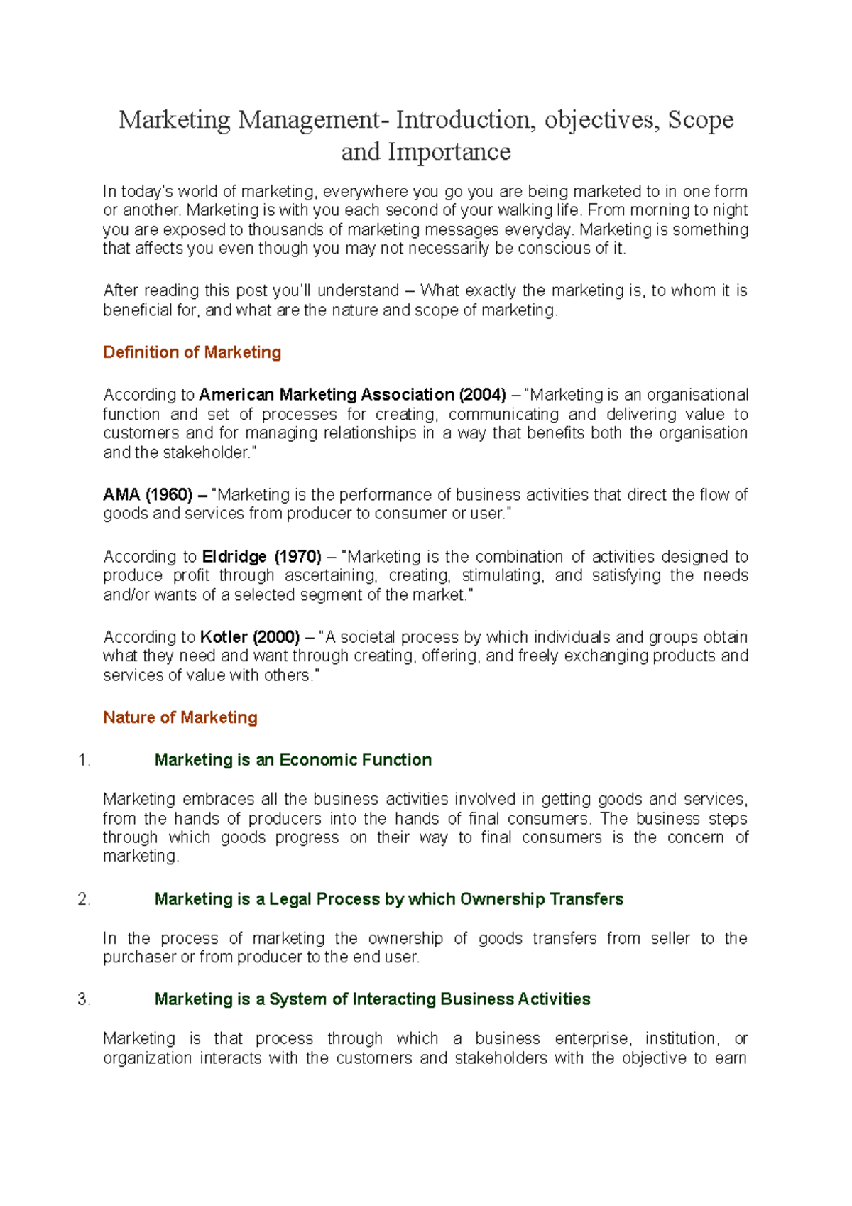 Unit 1: Introduction to Marketing Management Notes - MBA I - Studocu