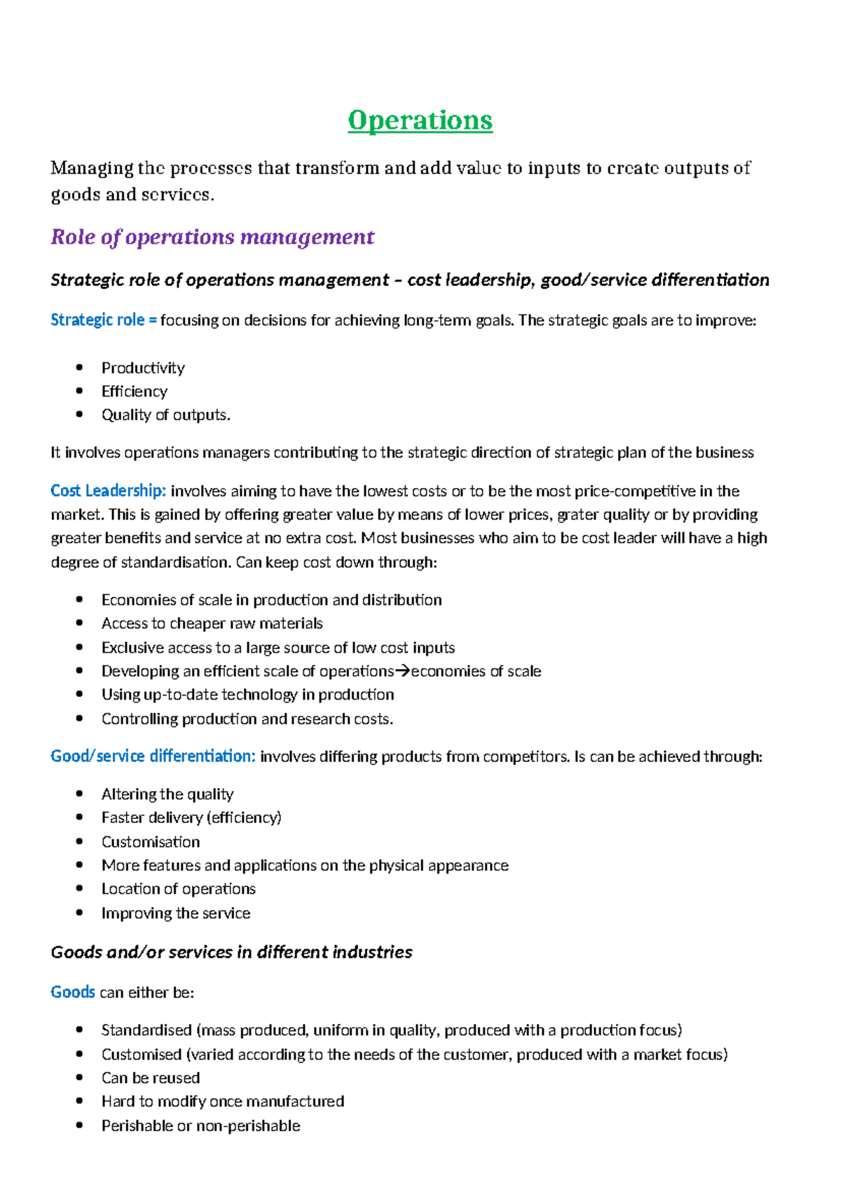HSC Business Studies Notes: Operations Management Overview - Studocu
