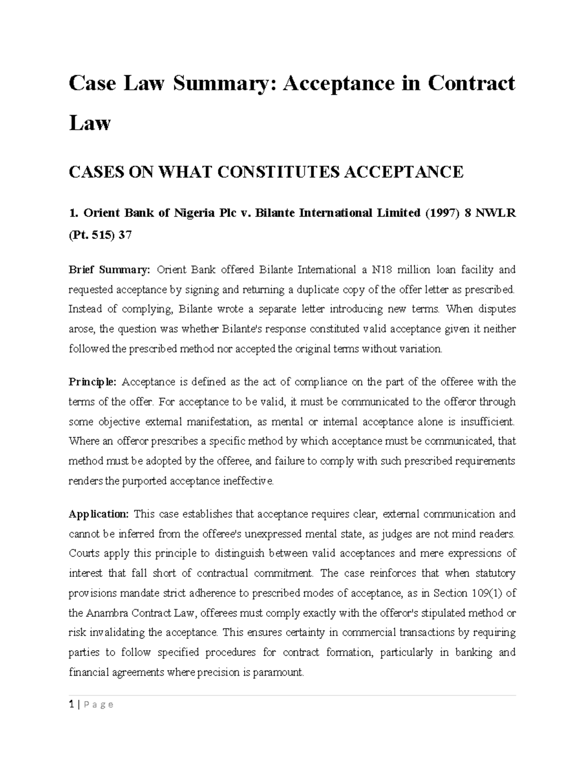 Case Law Summary: Acceptance in Contract Law (LAW 101) - Studocu