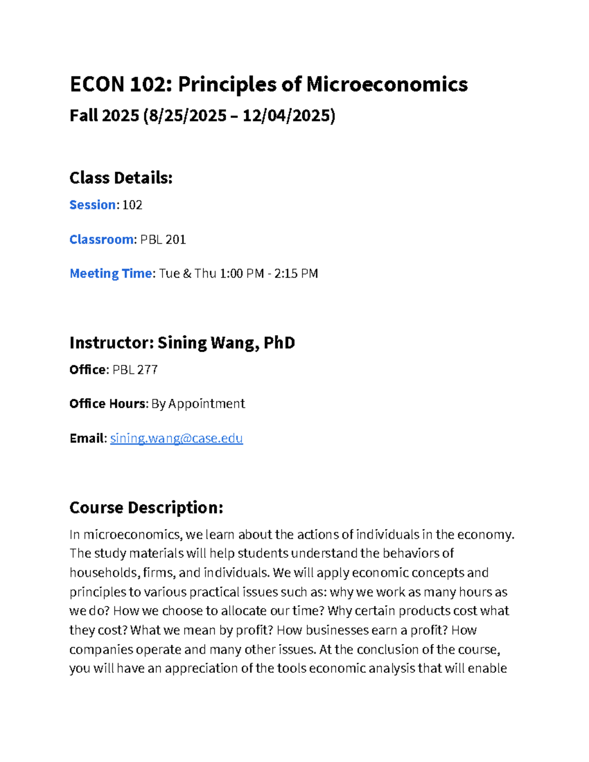 ECON 102: Microeconomics Syllabus & Class Schedule Fall 2025 - Studocu