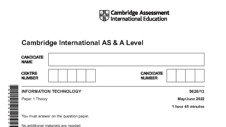 Cambridge International AS A Level 9626 Information Technology 2022 ...