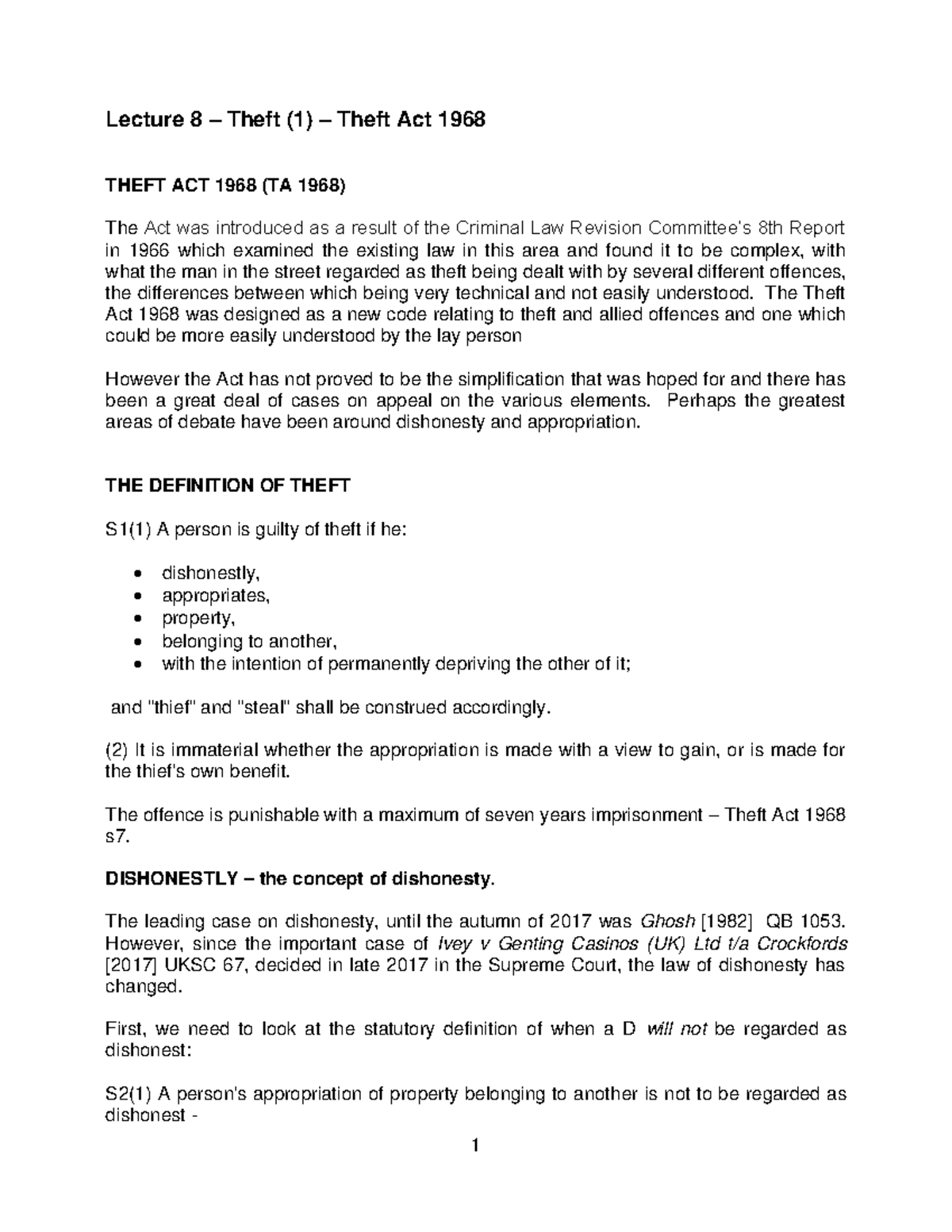 Lecture 8: Understanding the Theft Act 1968 and Dishonesty Elements ...