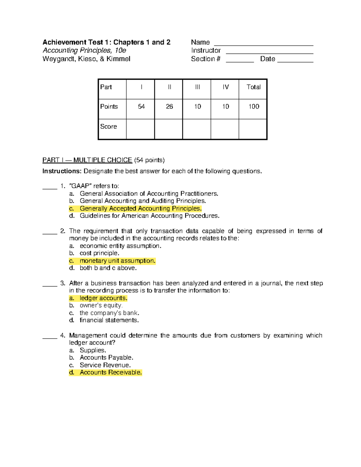 Achievement Test 1: Chapters 1 & 2 - Principles of Accounting - Studocu