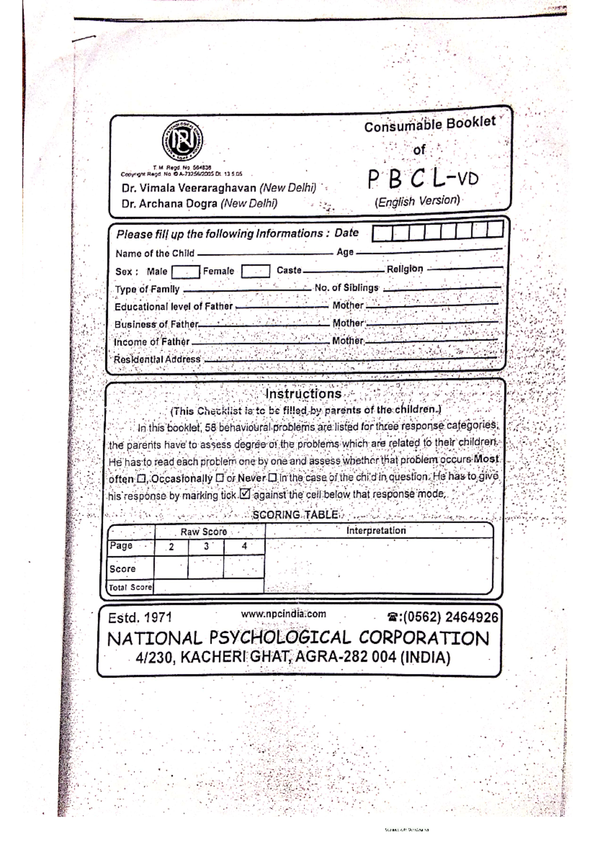PBCL Questionnaire - Parent Behavioral Assessment Form - Studocu