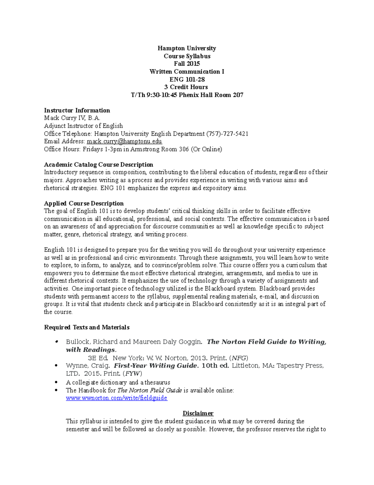 ENG 101 Revised Syllabus for Written Communication I - Fall 2015 - Studocu