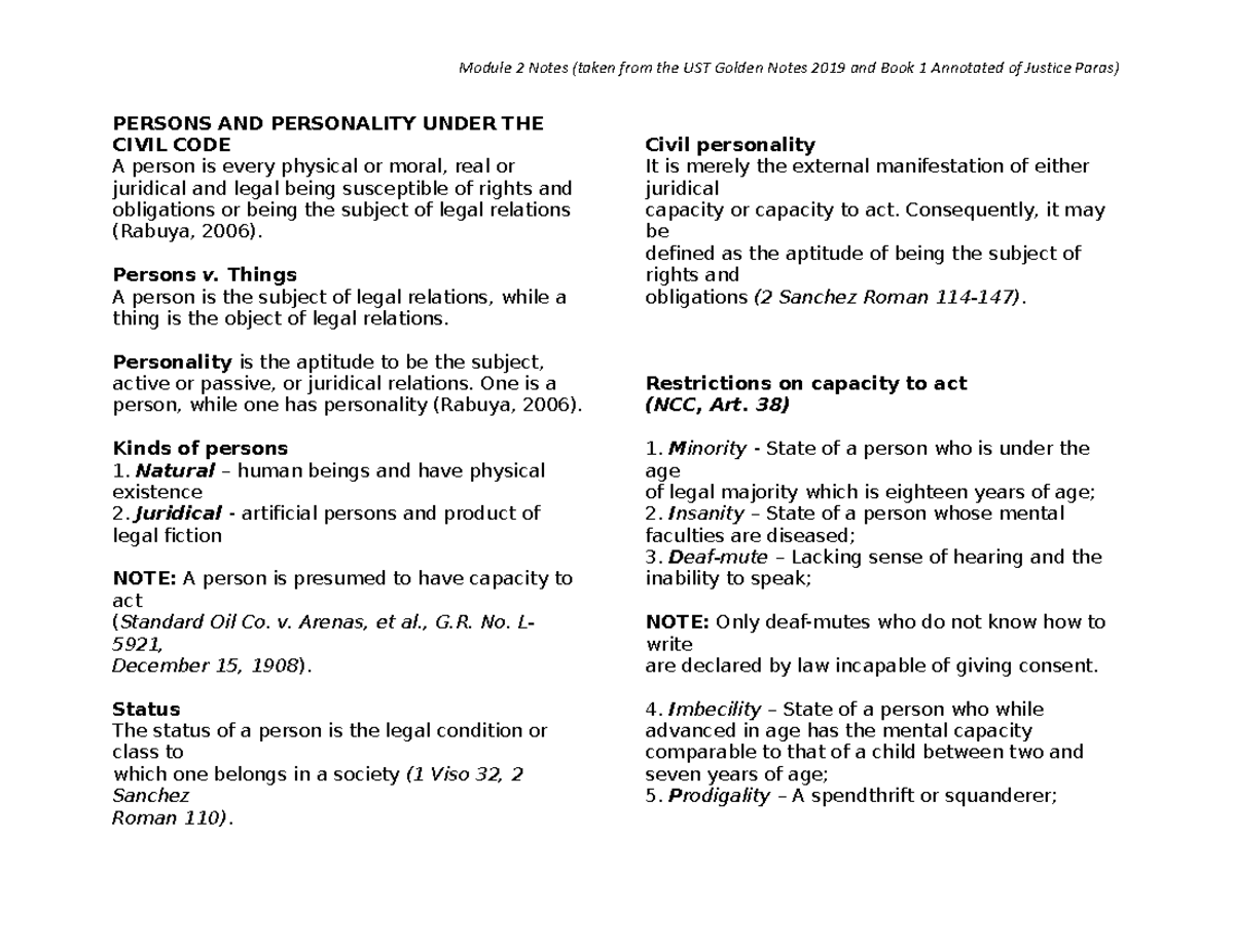 Module 2 Notes: Persons and Personality in Civil Law - Studocu