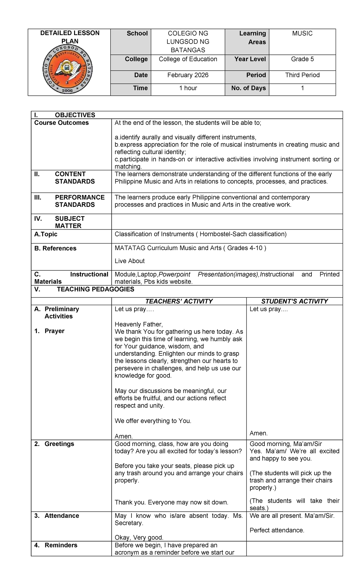 Music DLP: Detailed Lesson Plan on Instrument Classification for Grade ...