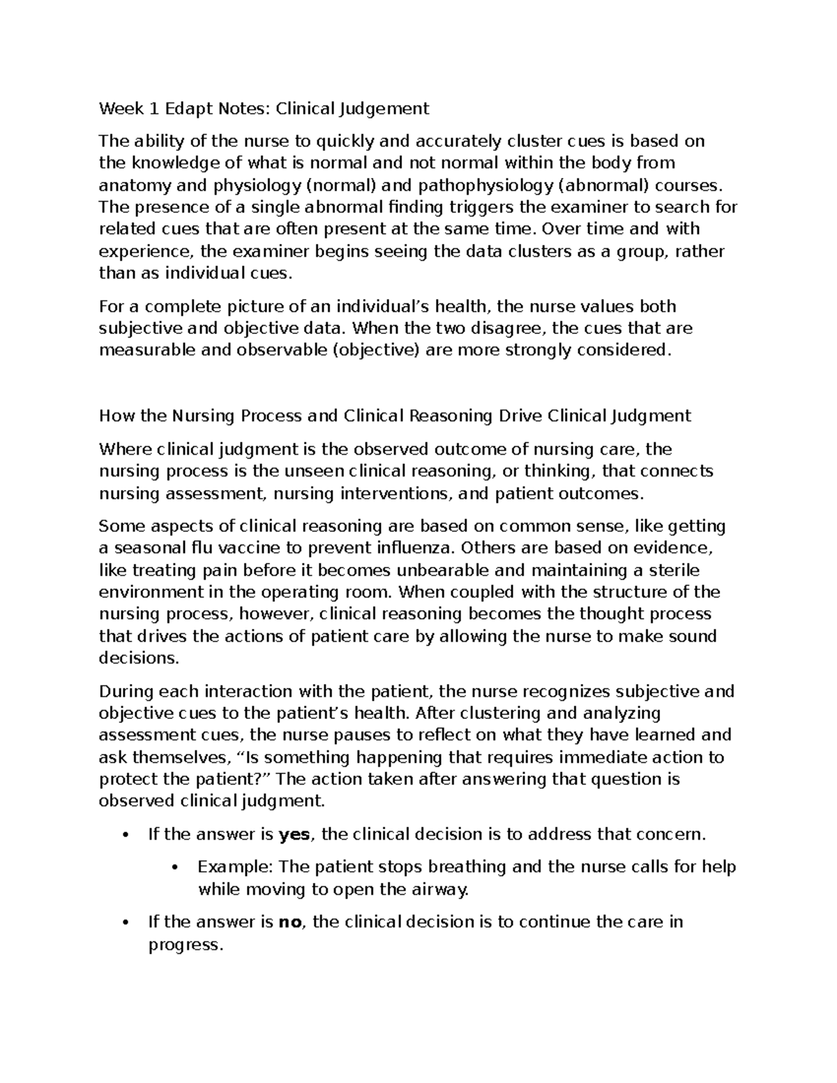 Week 1 Edapt Notes: Clinical Judgment & Nursing Process (NURS 101 ...