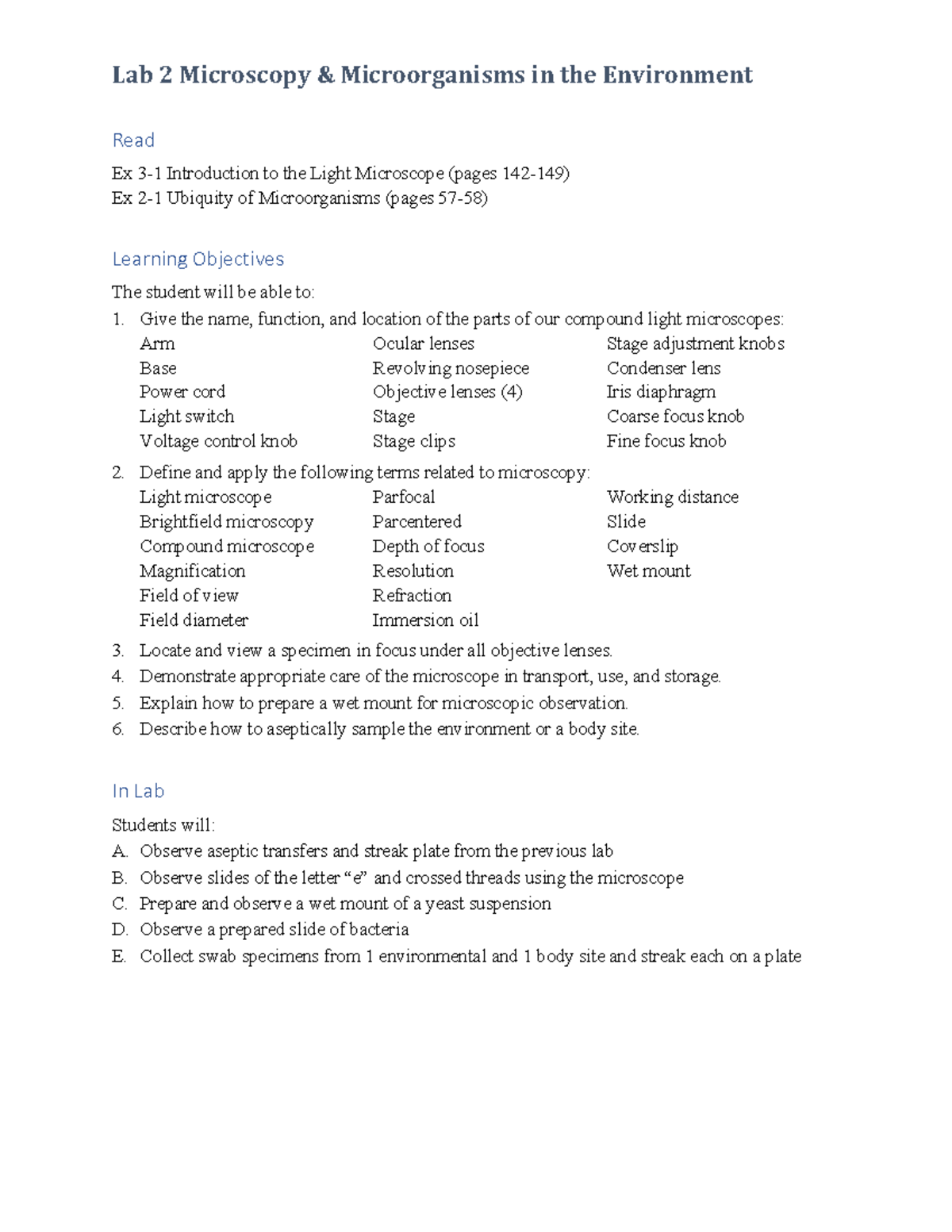 Lab 2: Microscopy & Microorganisms in the Environment Overview and ...
