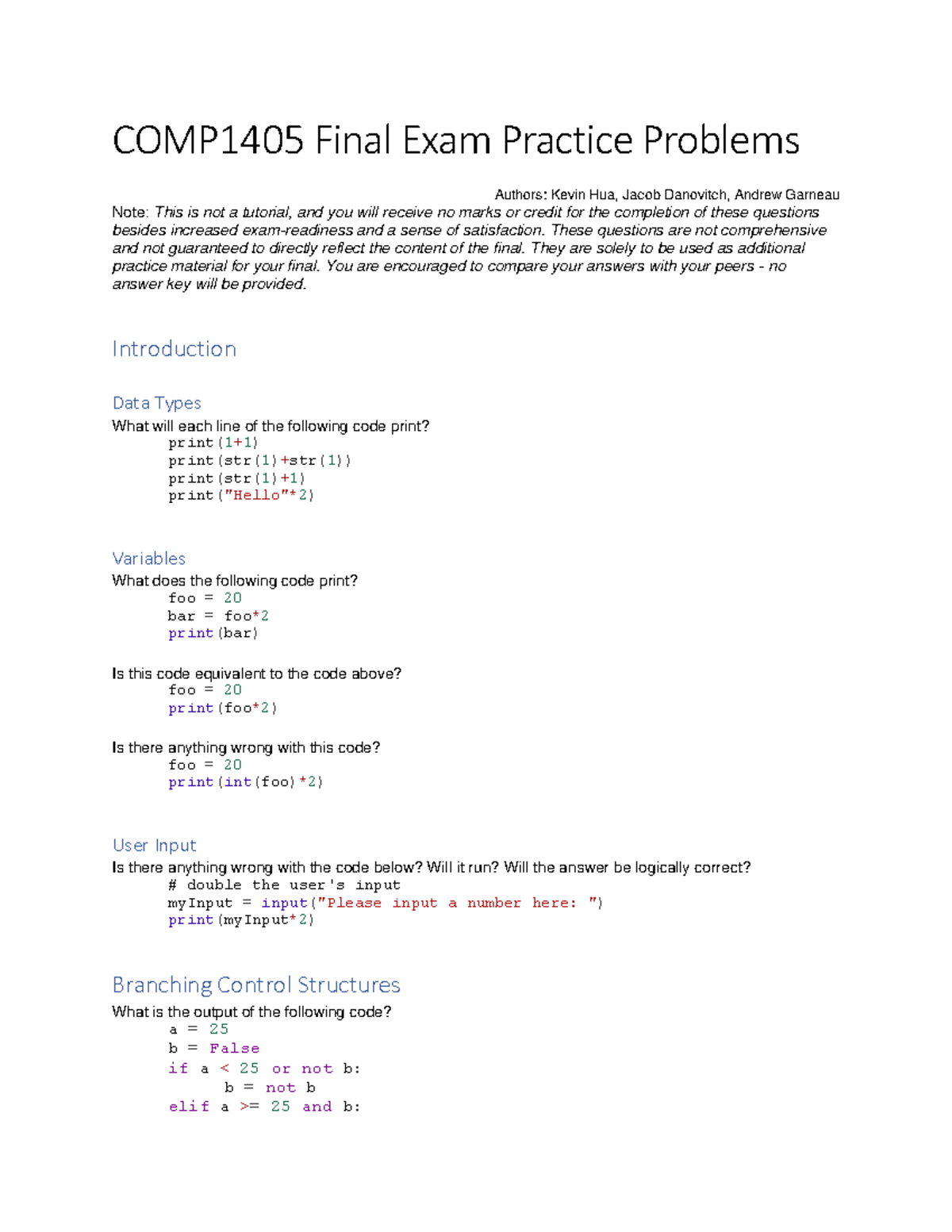 COMP1405 Final Exam Practice Problems and Sample Questions - Studocu