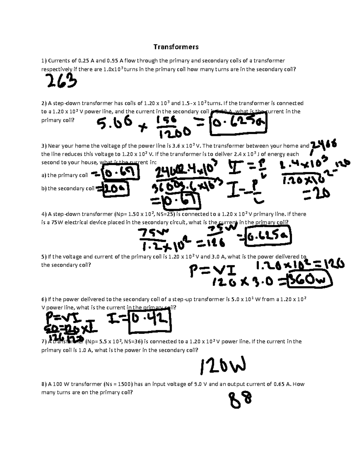 Transformers ws-1 - Transformer worksheet - Transformers Currents of 0 ...