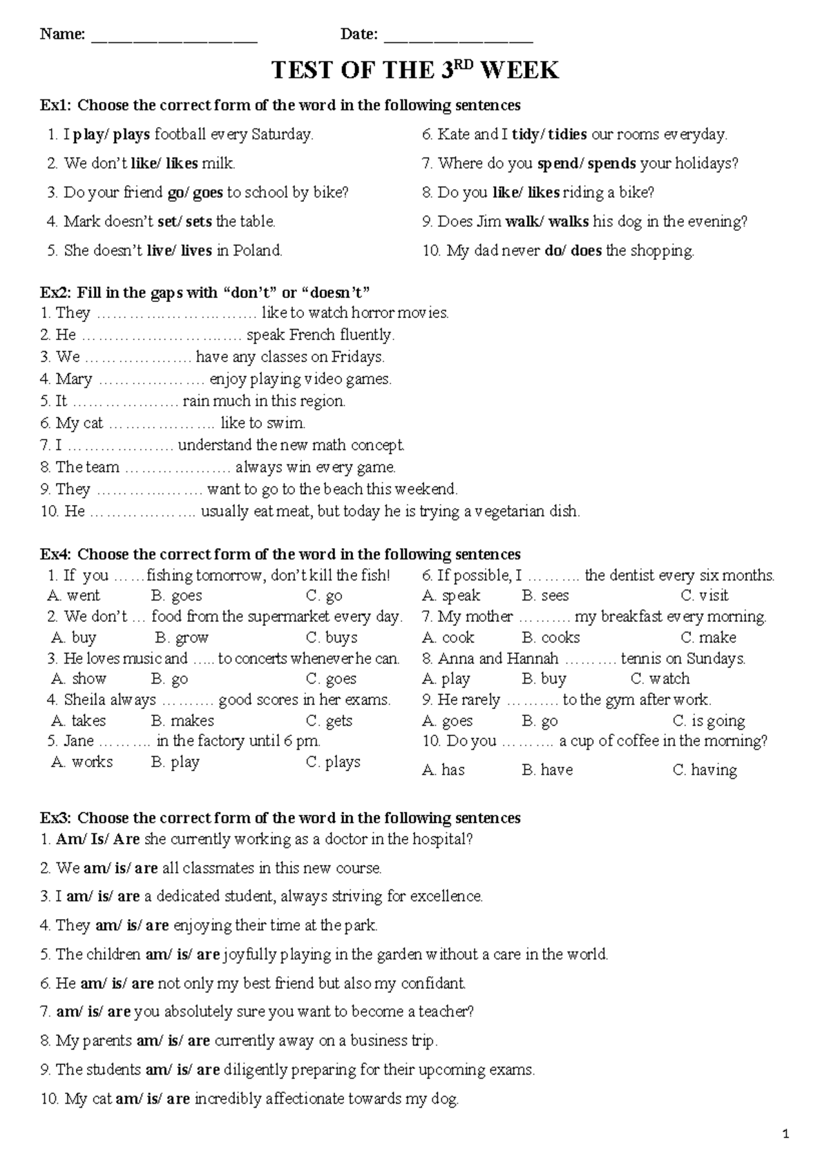 ENG 101: 3rd Week Test - Verb Forms and Sentence Structure Practice ...