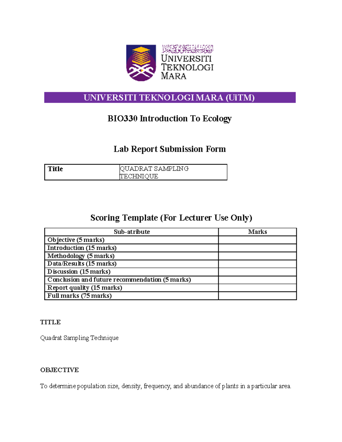 BIO330 Lab Report: Quadrat Sampling Technique Analysis - Studocu