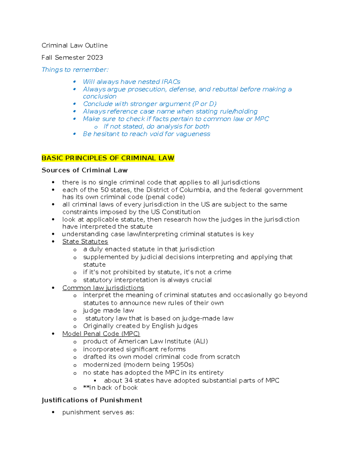 Crim 101: Criminal Law Outline & Key Principles for Fall 2023 - Studocu