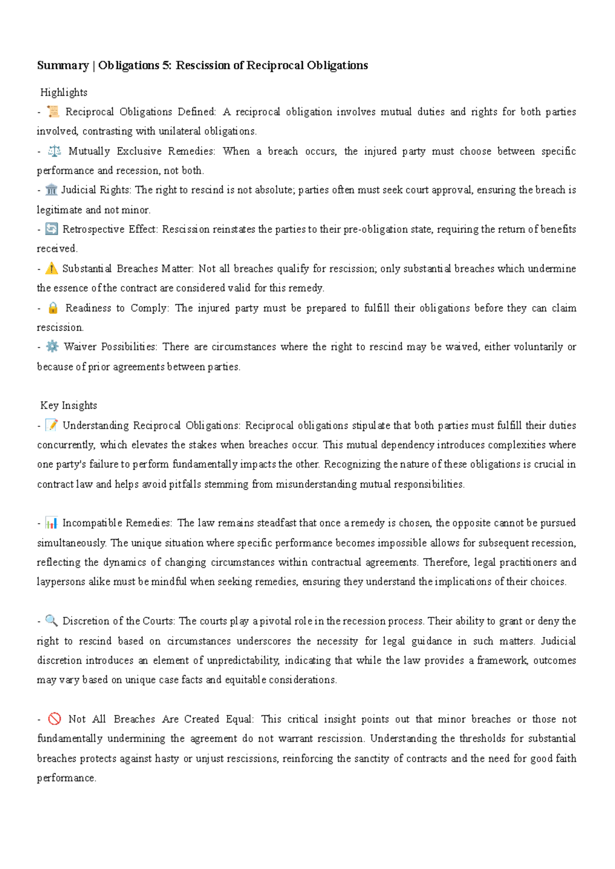 Summary Obligations 5 Rescission of Reciprocal Obligations - Summary ...