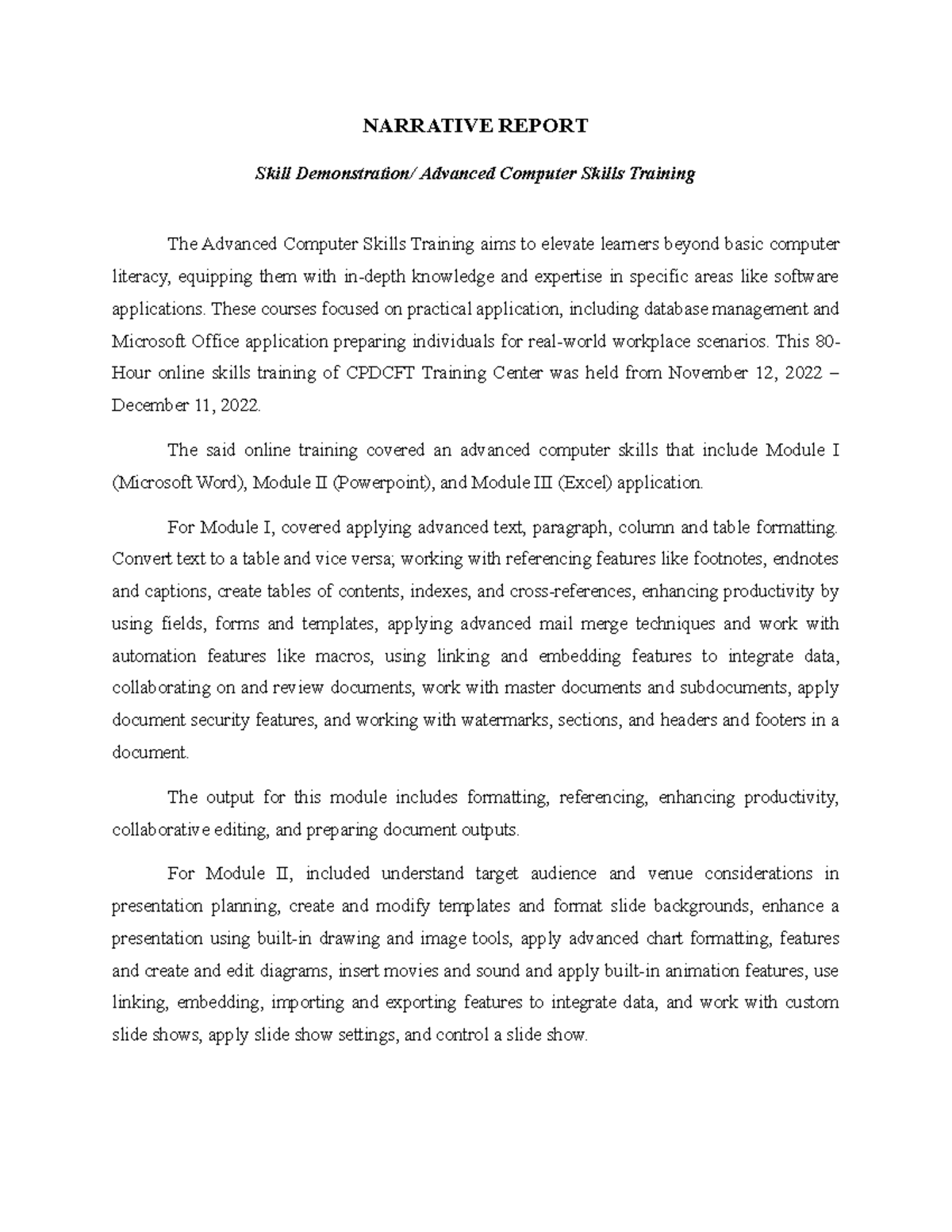 Narrative Report: Advanced Computer Skills Training (CPDCFT) - Studocu