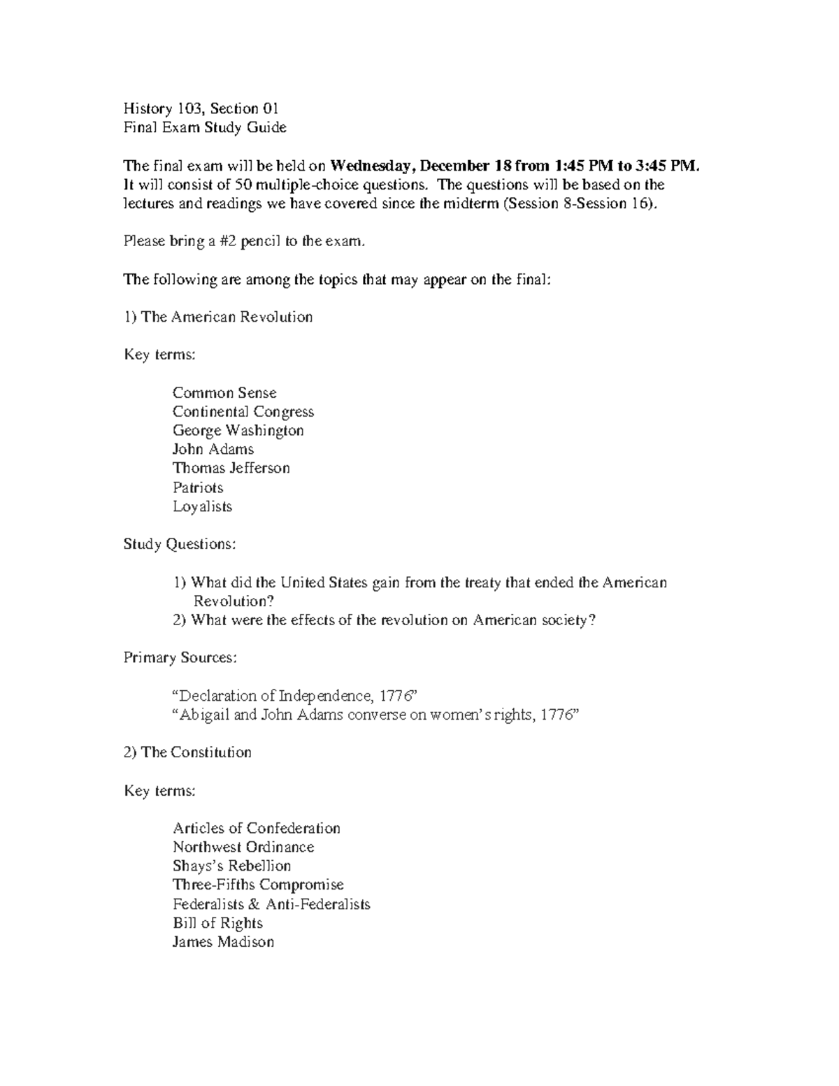 History 103 Final Exam Study Guide: Key Topics and Questions - History ...