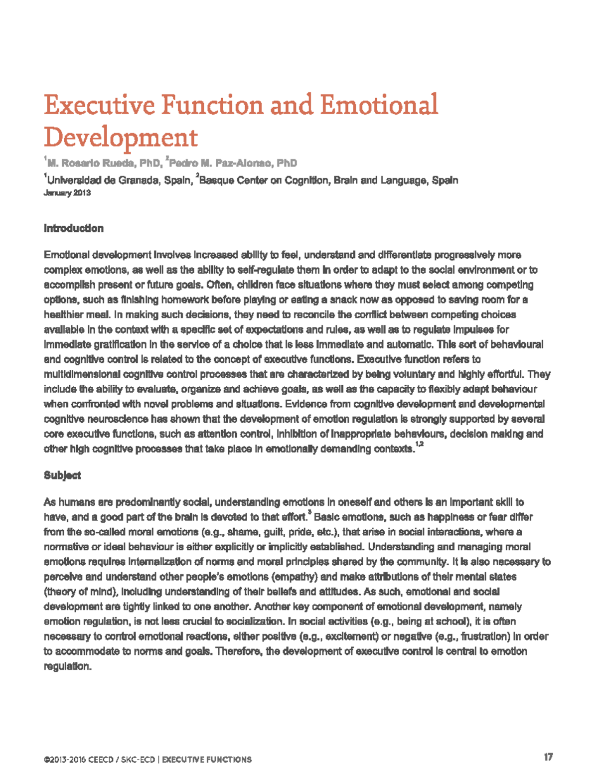 Executive Functions and Emotional Development: Insights (CEECD 2013 ...