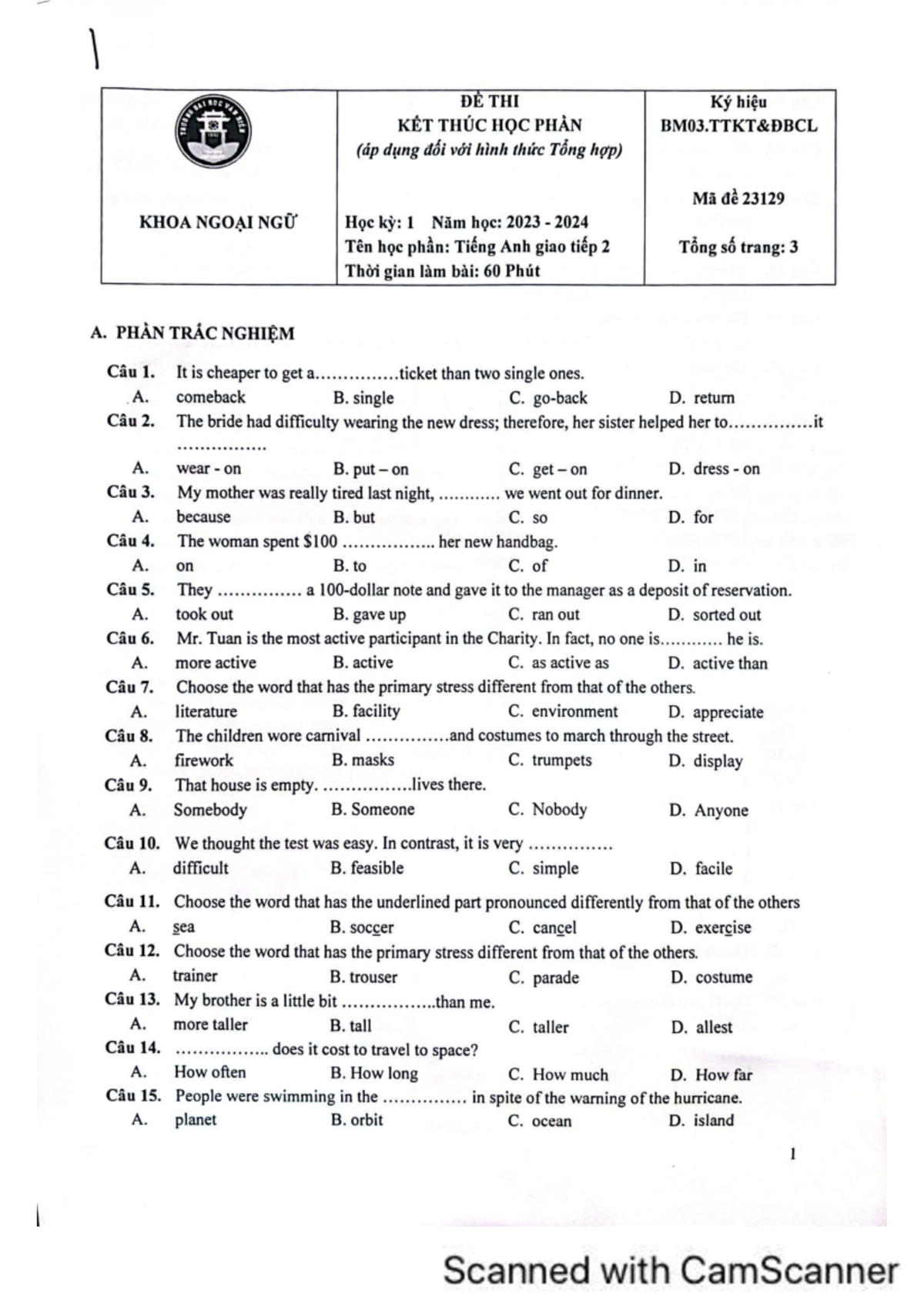 Tổng hợp đề thi Tiếng Anh Giao Tiếp 2 - AVGT2 - Document Preview