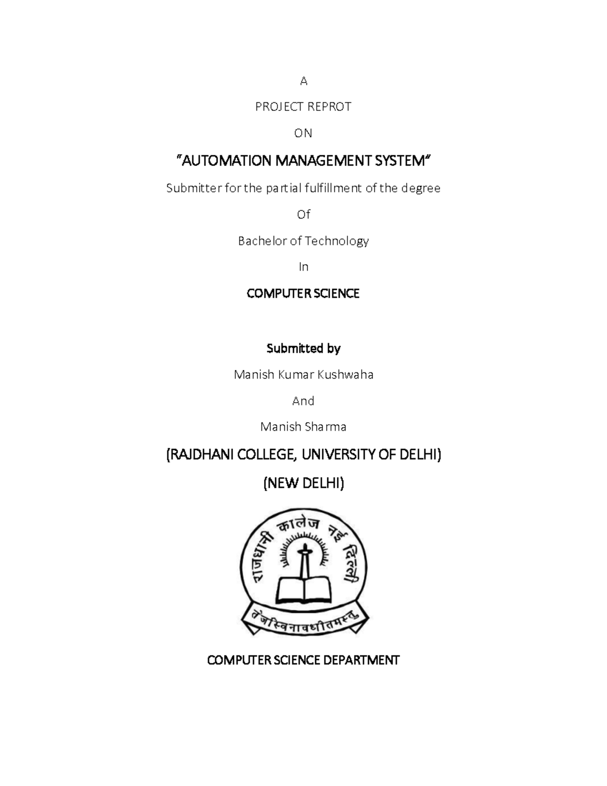 Automation Management System Project Report - B.Tech in CS - Studocu