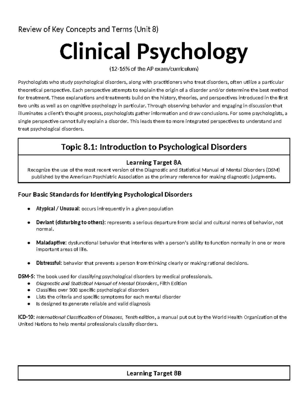 766542767 Unit 8 Review: Insights into Clinical Psychology Concepts ...