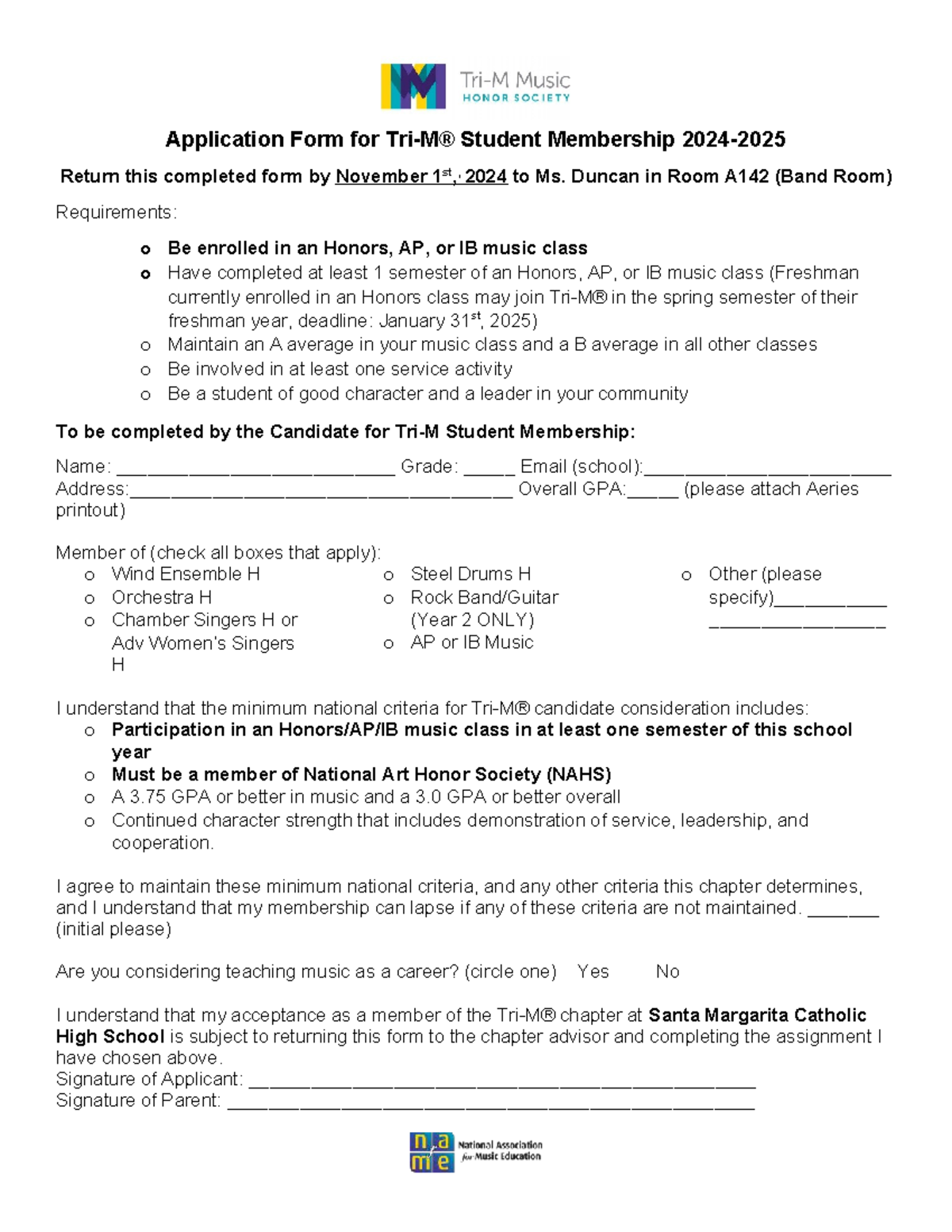 2024-2025 Tri-M Music Honor Society Application Form - Studocu