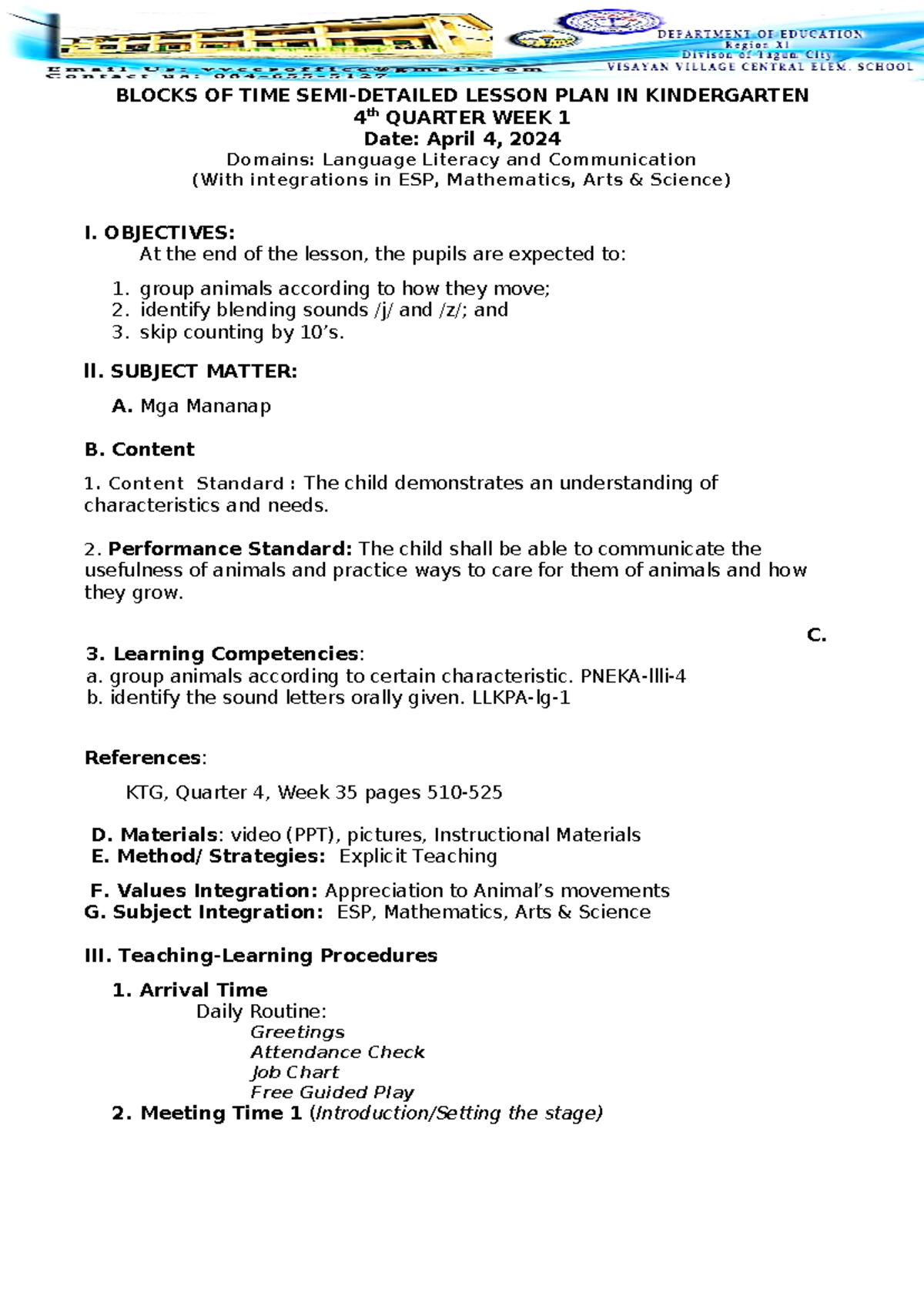 KINDERGARTEN KINDER214 ANIMALS' MOVEMENT LESSON PLAN - 4TH QUARTER ...