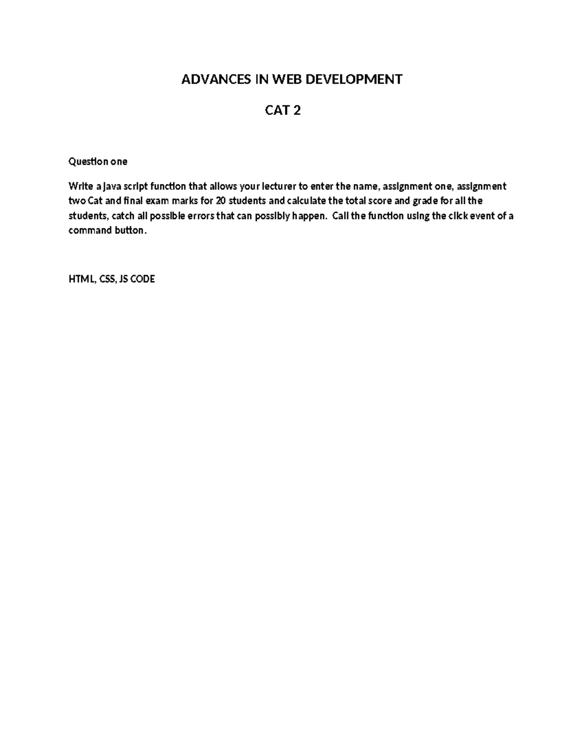 Advanced Web Development CAT 2: JavaScript & PHP Coding Tasks - Studocu