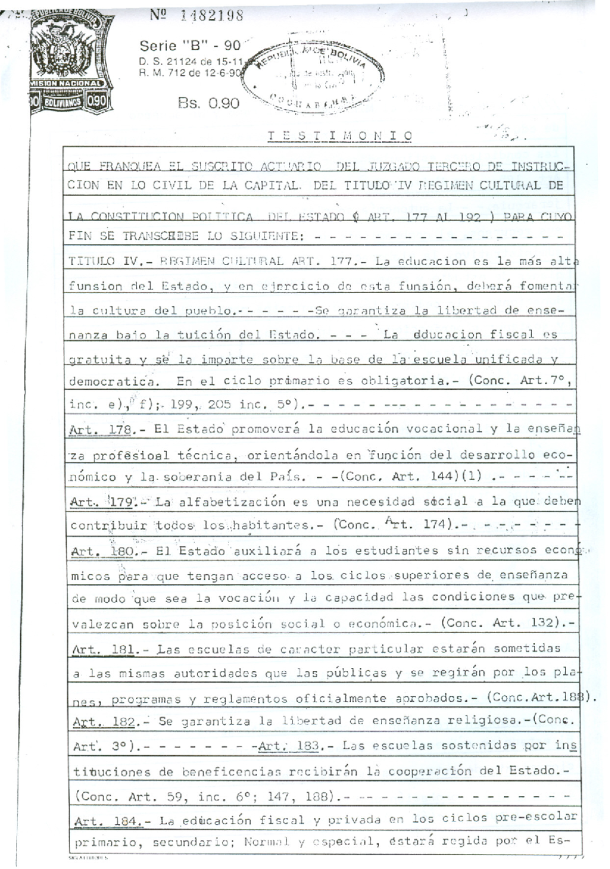 Testimonio Legal sobre la Personería Jurídica UMSS y la Educación en Bolivia - Document Preview