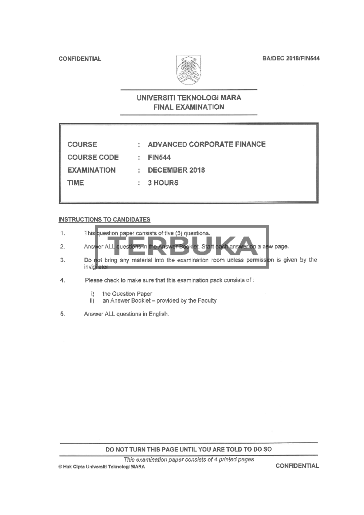 FIN544 - Advanced Corporate Finance Final Exam December 2018 - Studocu