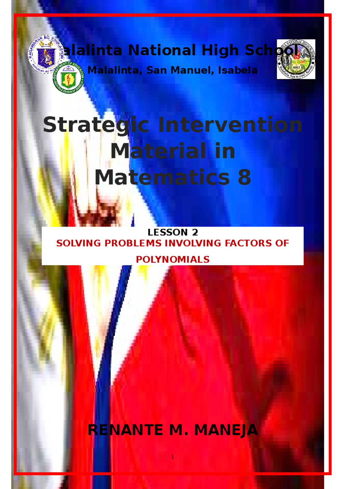 SIM-Math 8 Lesson 2: Solving Problems with Polynomial Factors - Document Preview