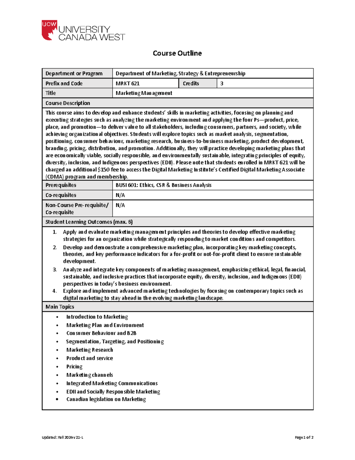 MRKT 621 - Marketing Management Course Outline & Key Topics - Studocu