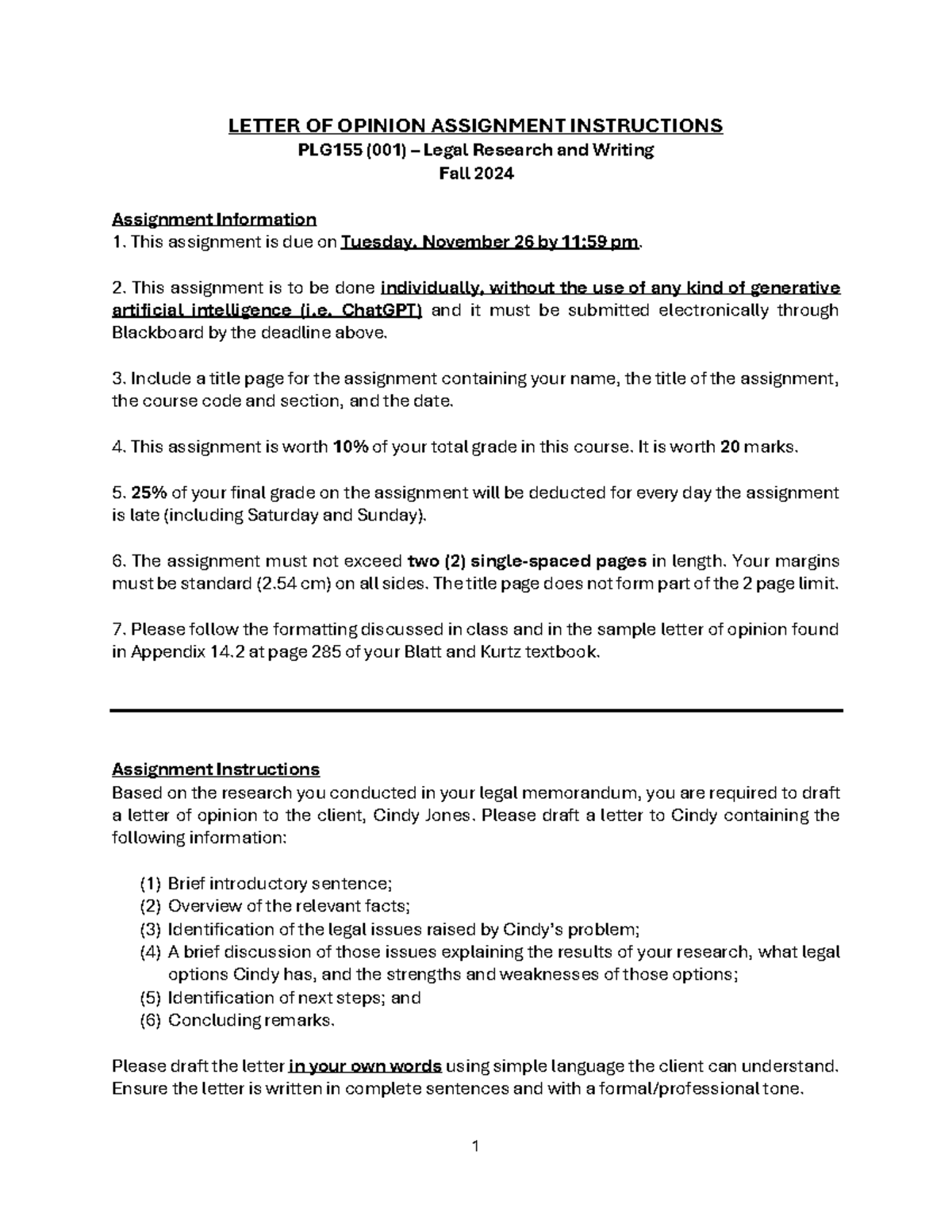 Letter of Opinion Assignment Instructions - 1 LETTER OF OPINION ...
