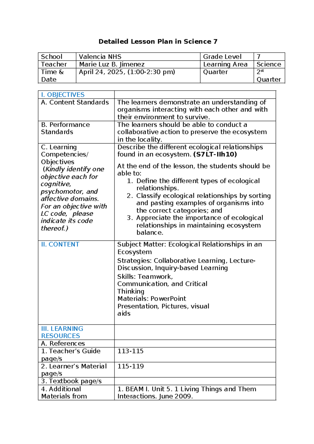 Jimenez DLP Science 8 Ecosystem - Detailed Lesson Plan in Science 7 ...