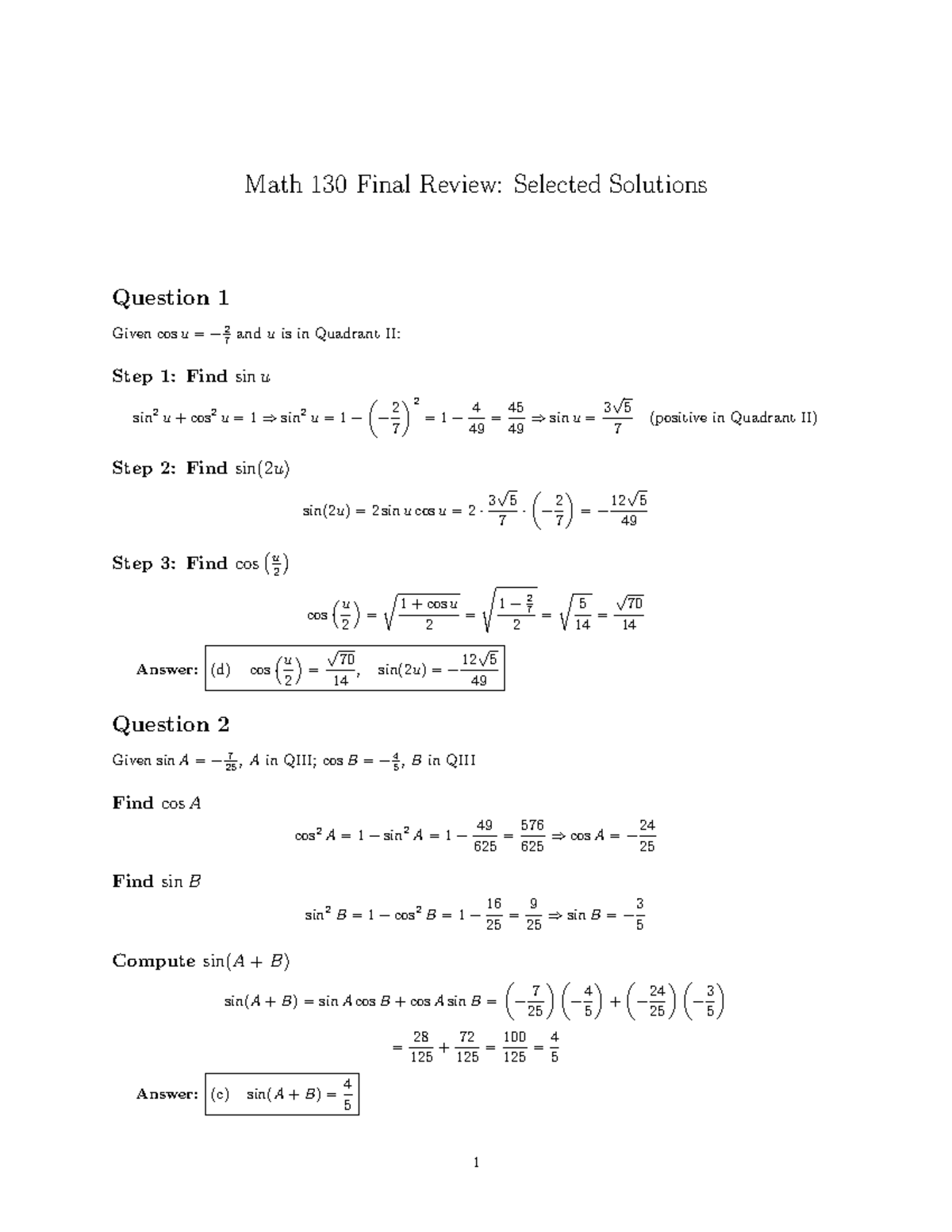 Math 130 Final Review: Solutions for Trigonometric Functions - Studocu