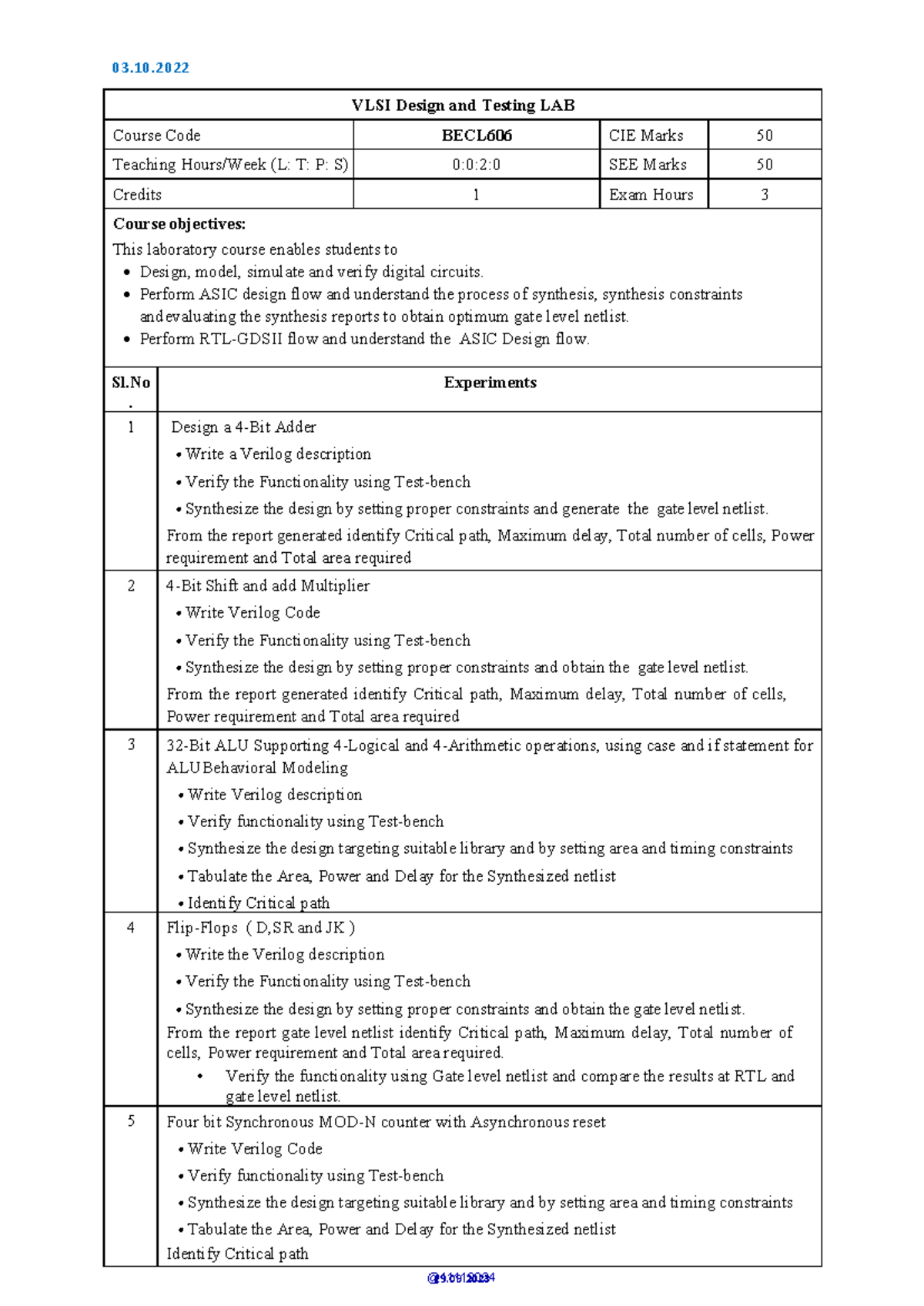 VLSI Design & Testing LAB (BECL606) - CIE & SEE Guide - Studocu